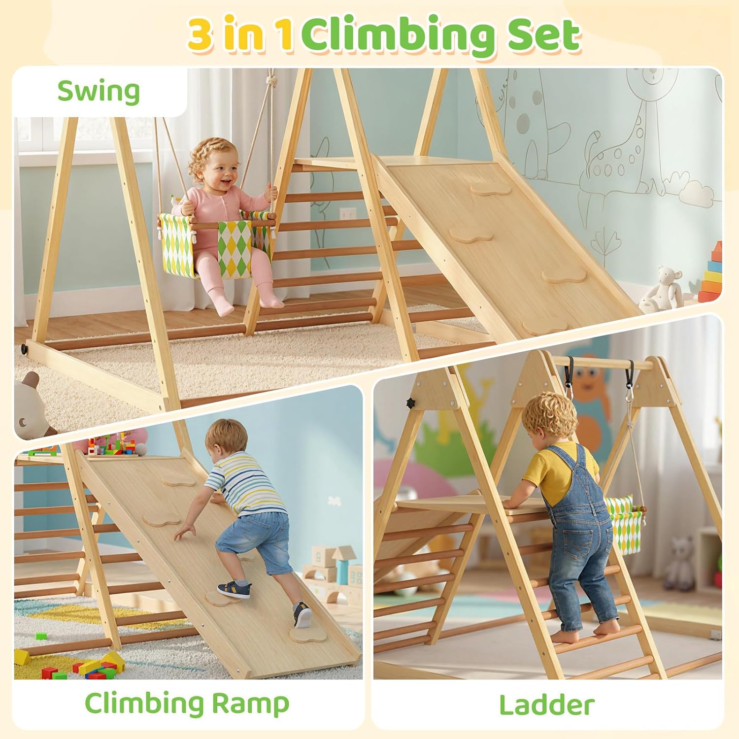 OLAKIDS Indoor Jungle Gym, 3 in 1 Wooden Foldable Montessori Toddler Climbing Toys with Adjustable Baby Swing Ramp Ladder