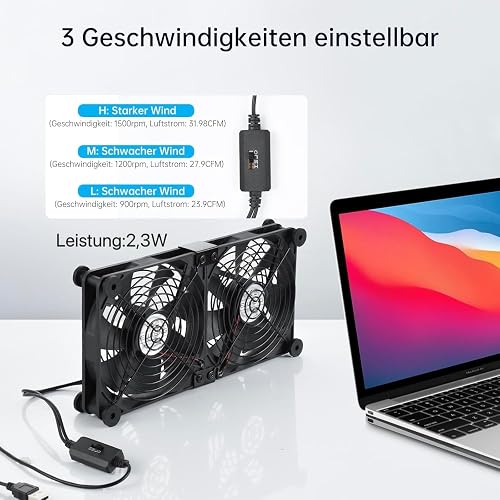 ELUTENG USB Fan 140mm 5V 2 in 1 with 3 Adjustable Speeds, Double USB Computer Fan 140mm PC Fan 14mm with 8 Shock Absorbent Feet for PS5 PS4/Laptop/TV Box/Router - 3