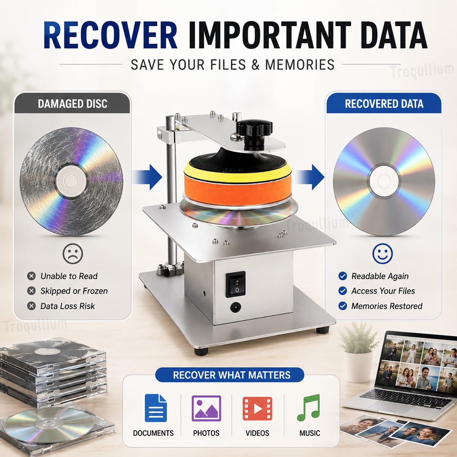 Máquina pulidora de discos, limpiador semiautomático de reparación de DVD y CD, formatos de disco óptico comunes