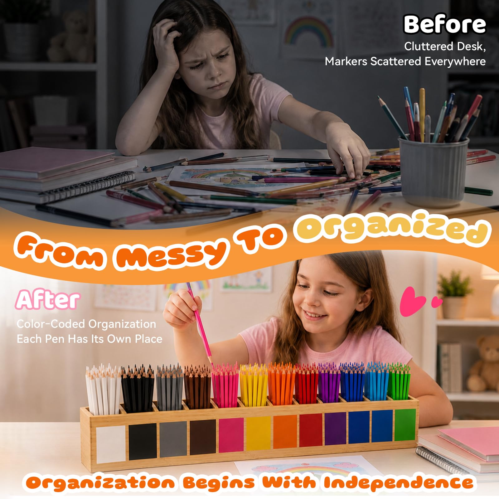 Pot à Crayons de Couleur en Bois 73 x 8 x 9 cm, Montessori Pot à Crayon Bois Massif à 11 Compartiments Rangement de Bureau pour Crayons de Couleur et Pinceaux, Idéal pour École Bureau Maison