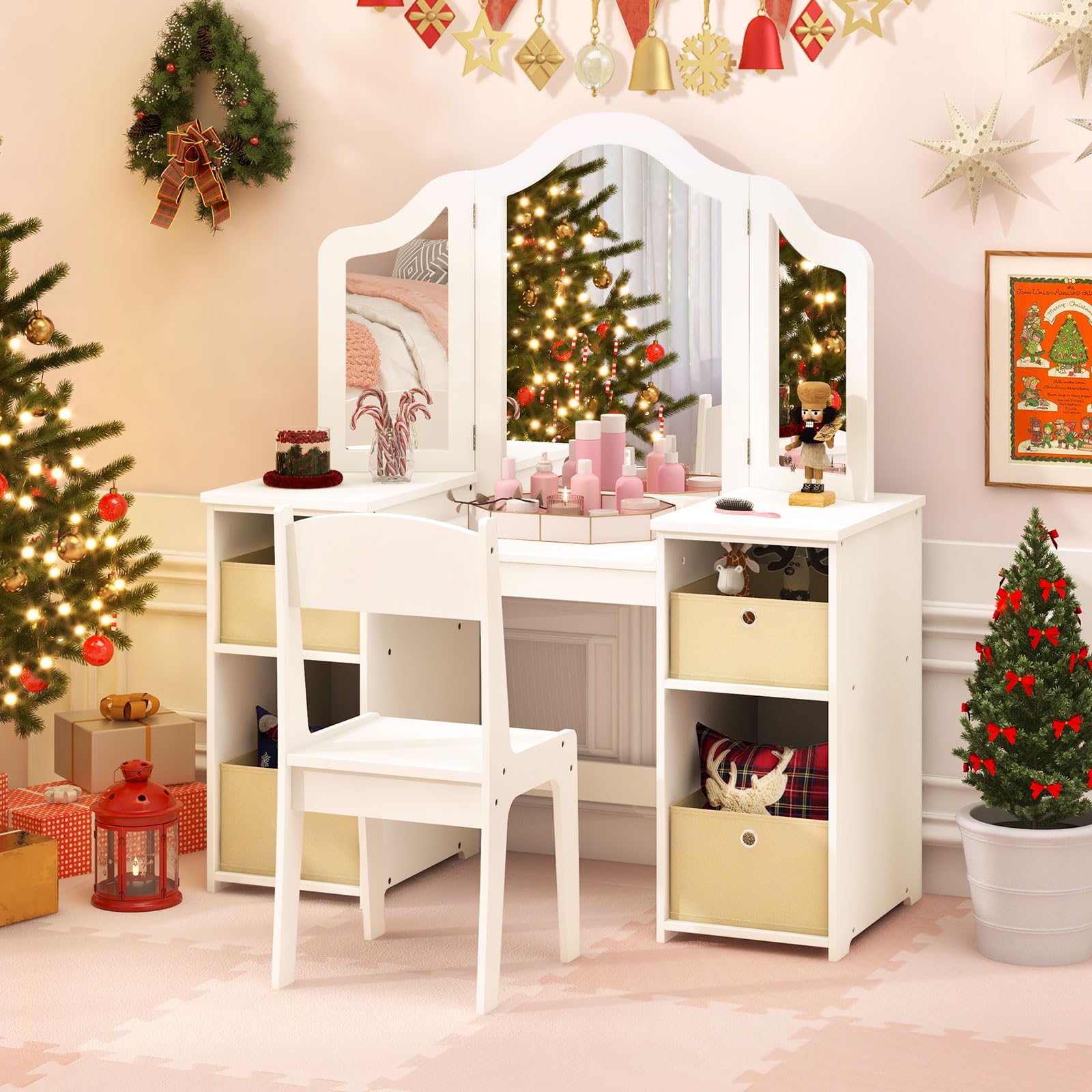 COSTWAY Toeletta Trucco 2 in 1 per Bambina, Specchiera Staccabile per Ragazza in Legno Robusto con 4 Cassetti in Tessuto, Sgabello e Specchio, Postazione Trucco per 3 Anni, 104 x 40 x 117 cm (Bianco)