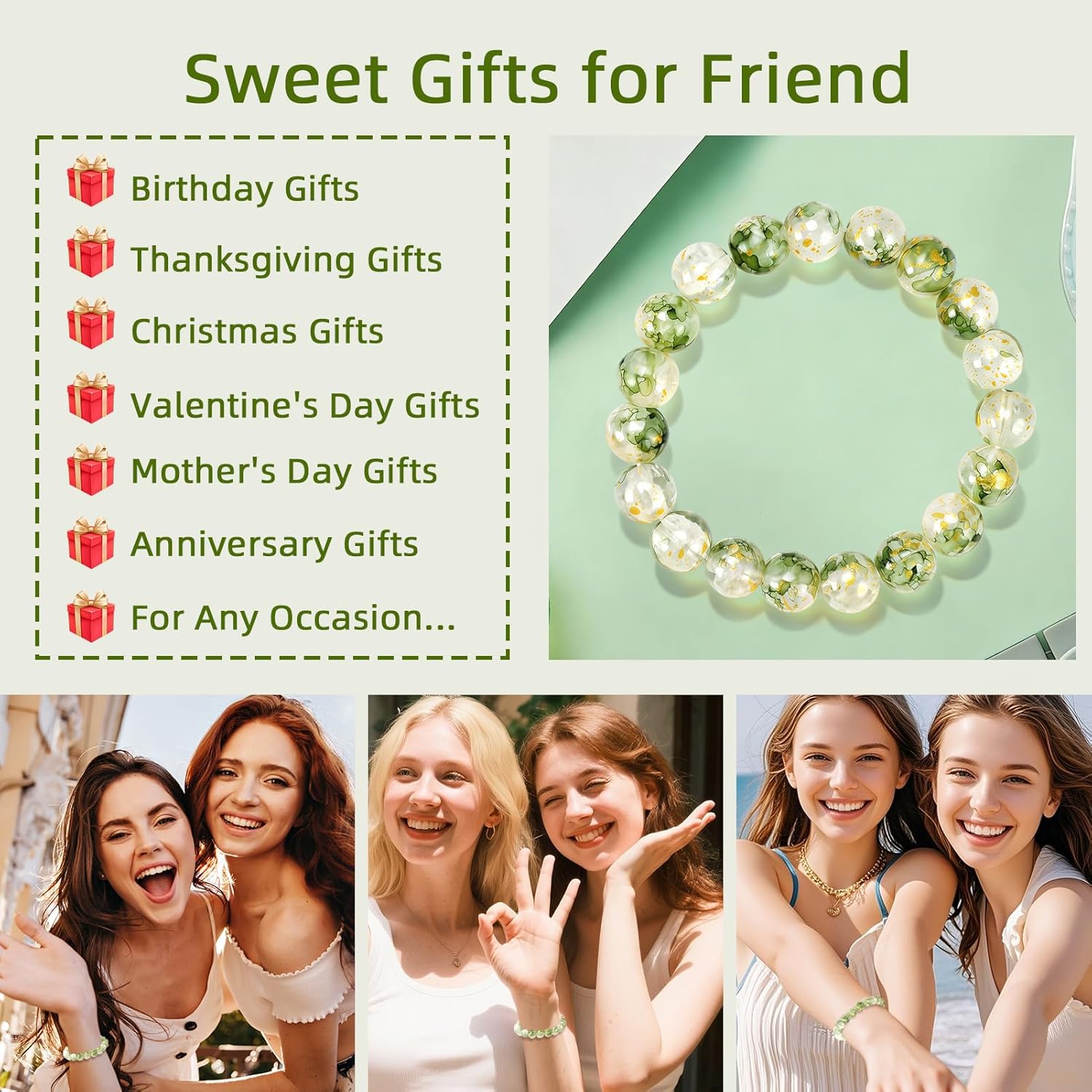 PLwelth Green Crystal Beaded Bracelets for Women Elegant Healing Crystal Beaded Stretch Bracelet Cute Flower Elastic Bracelet Handmade Protection Bracelets Statement Jewelry Birthday Christmas Gifts - Image 4