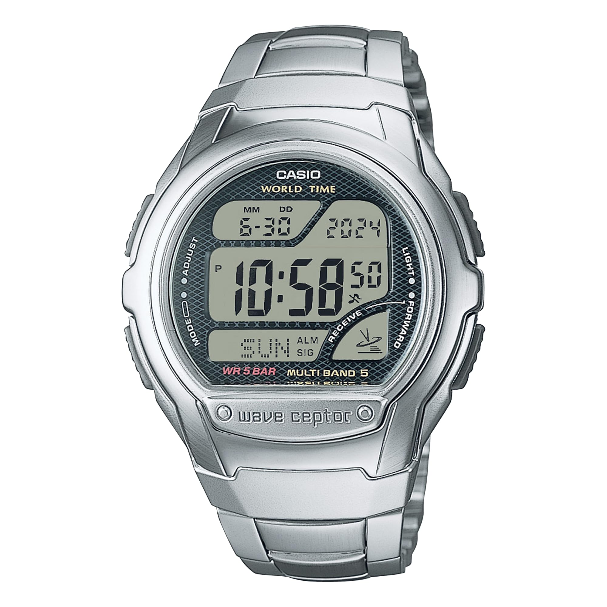 Casio Wave Ceptor WV58RD-1ACF Orologio da polso digitale Atom, cinturino in acciaio inox, ora mondiale, retroilluminazione a LED, impermeabile fino a 50 m