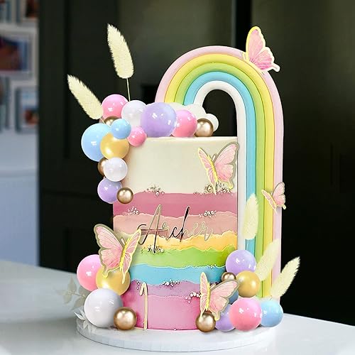 Bolas de decoración de pastel de arco iris, decoración bohemia para tartas con nubes de colores, mariposas arcoíris para bodas, baby shower,