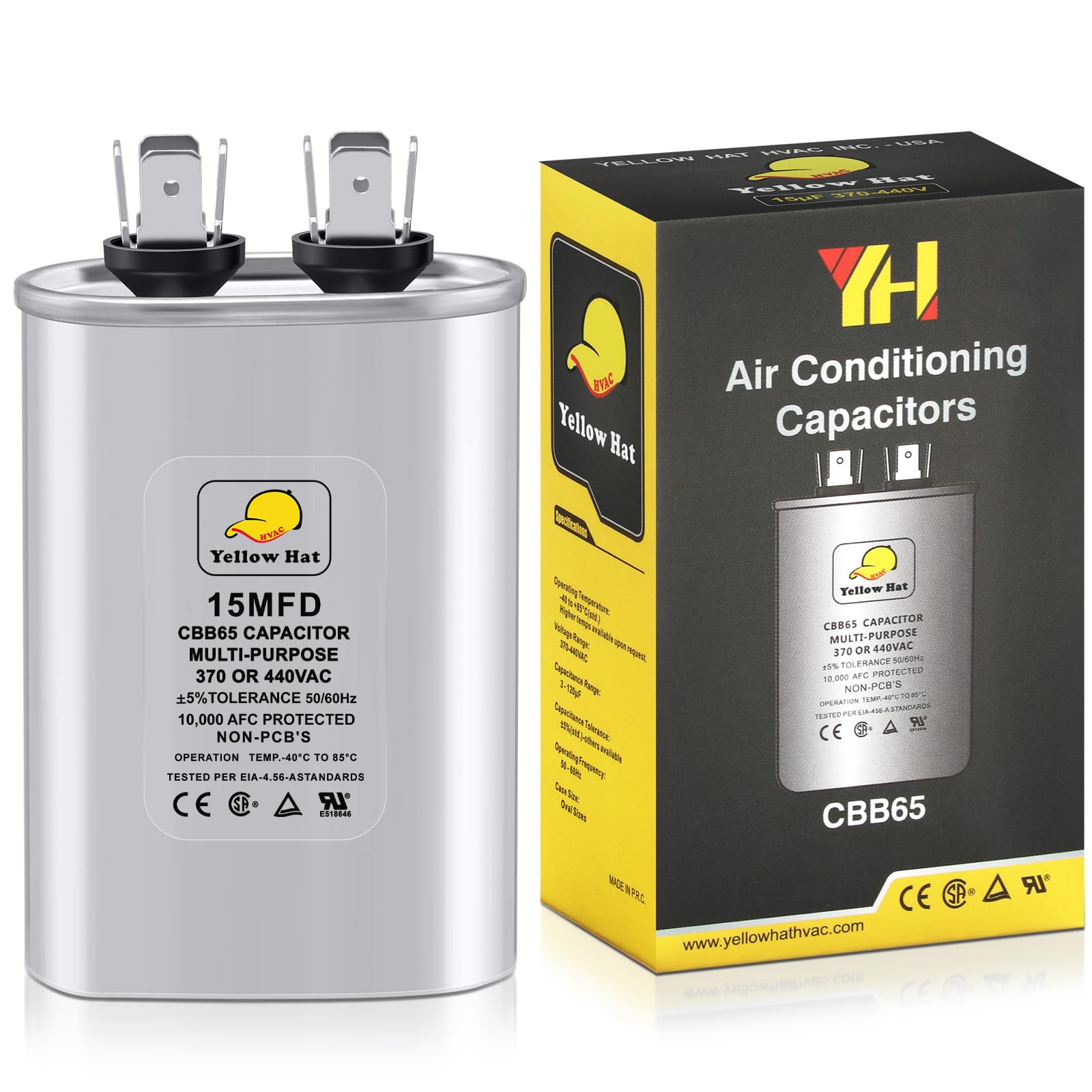 Capacitor for Air Conditioner 15 uf MFD 370 or 440 Volt VAC, CBB65 Multi-Purpose Oval Capacitor for AC Motor Run or Fan Motor Start or Condenser Straight