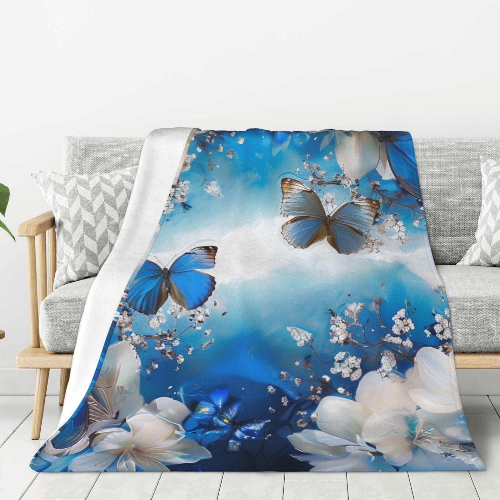 Couverture épaisse luxe en flanelle papillons bleus 152x203cm