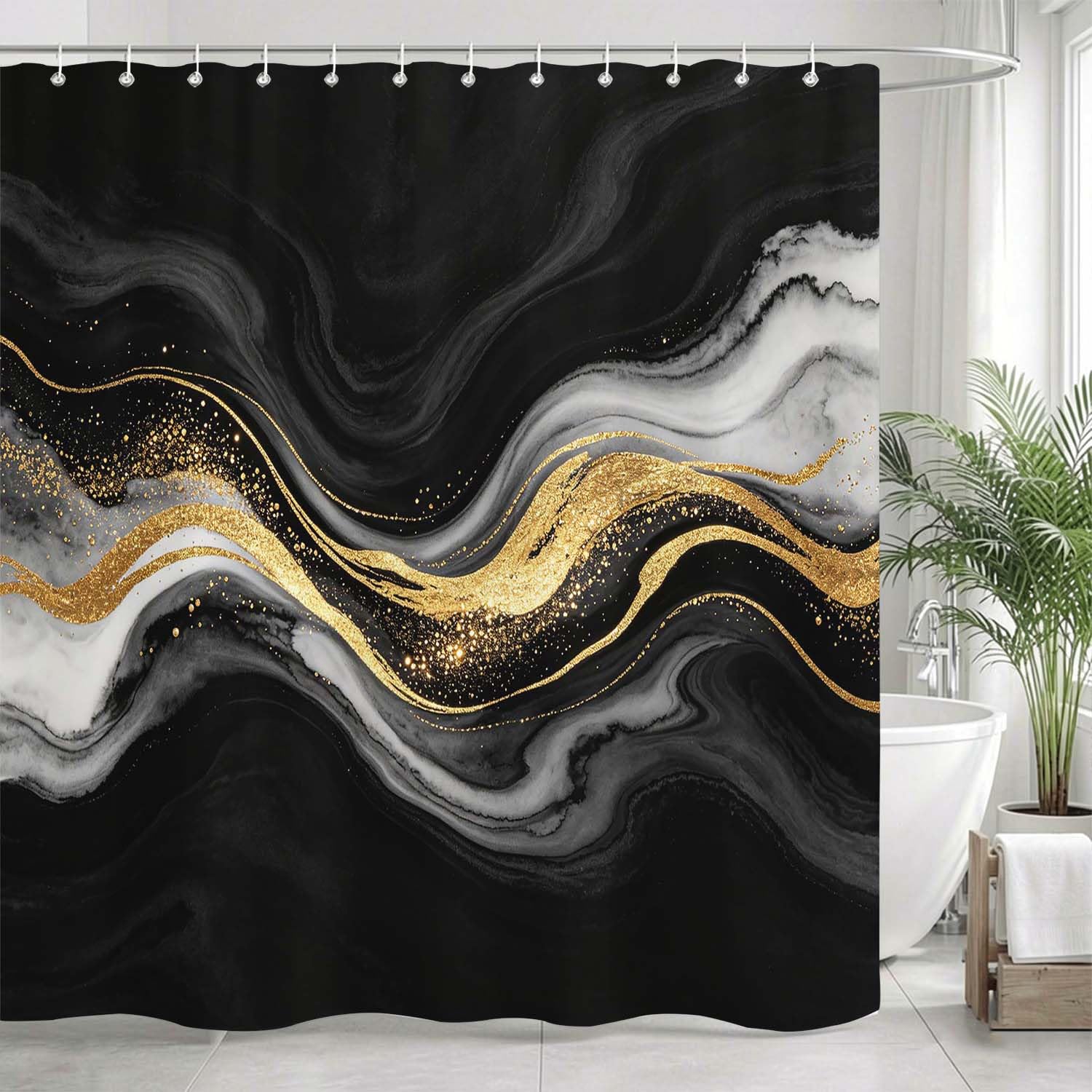 Rideau de Douche Anti Moisissure Marbre, Rideau de Bain Or Noir 3D Rideaux de Douche en Polyester, Imperméable, Lavable en Machine, avec Crochets, 300 x 200 cm 1738-YLP