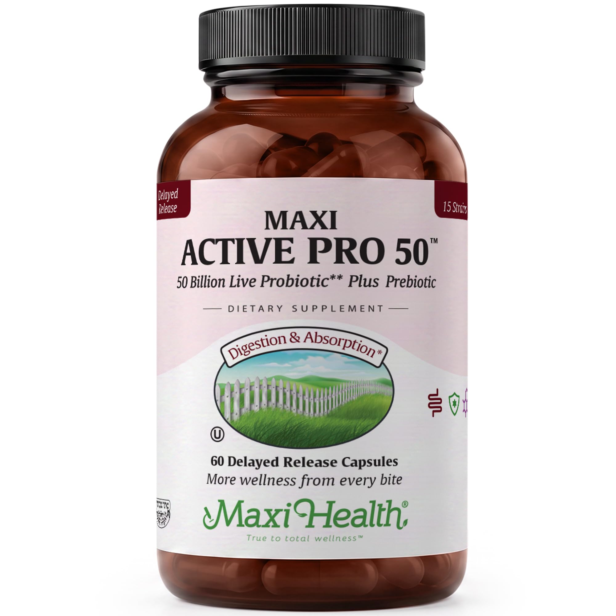 Maxi Health® Probiotics 50 Billion CFU with Prebiotics (60 Capsules) 60 Count (Pack of 1)