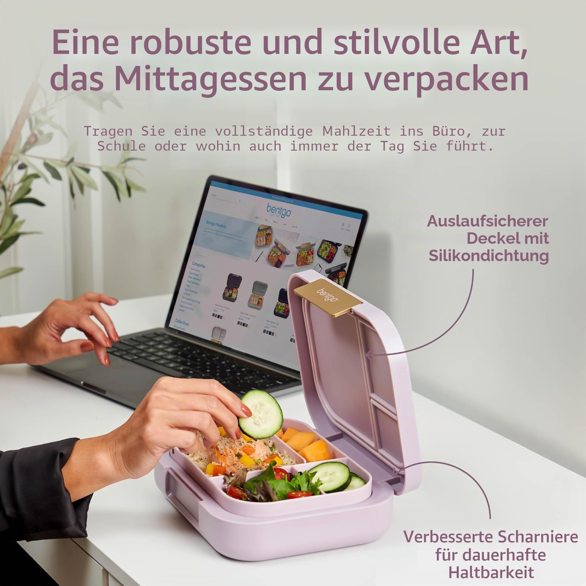 Bentgo® Modern,Vielseitige 4-Fächer Bento-Stil Lunchbox für Erwachsene und Jugendliche, Auslaufsicher,BPA-frei, matte Oberfläche und ergonomisches Design (Orchidee) | Auslaufsicher, 5,5 Tassen Fassungsvermögen, verstellbare Trennwand, mikrowellen- und spü