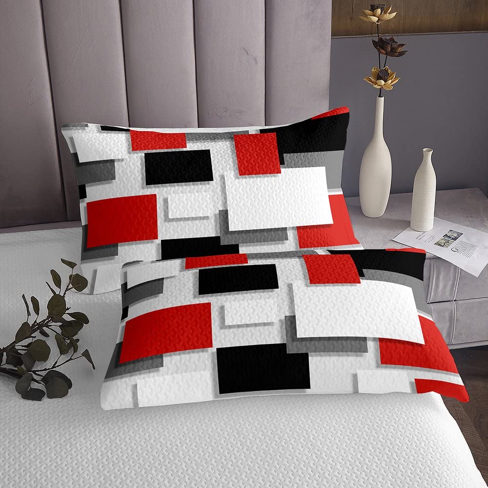 Geometrie Quadrat Bettwäsche Set Rot Grau Schwarz Weiß Steppdecken Set für Kinder Erwachsene Modernes Geometrisches Gitter Ombré Tagesdecke Weich 220 x 240 Moderne Einfache Grafisch Tagesdecke