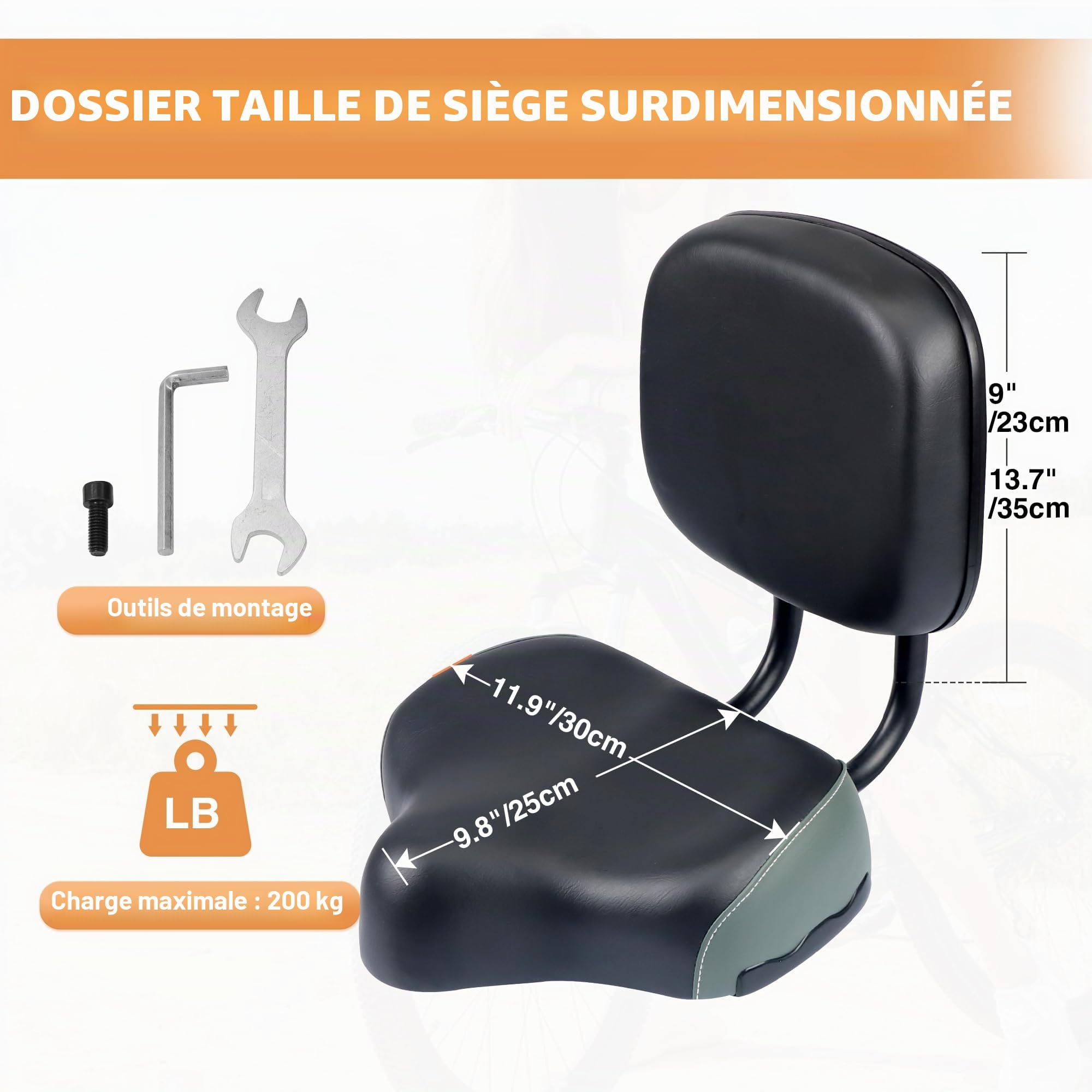 MEGHNA Dossier Selle de vélo avec dossier surdimensionné Selle souple confortable avec coussin en polyuréthane