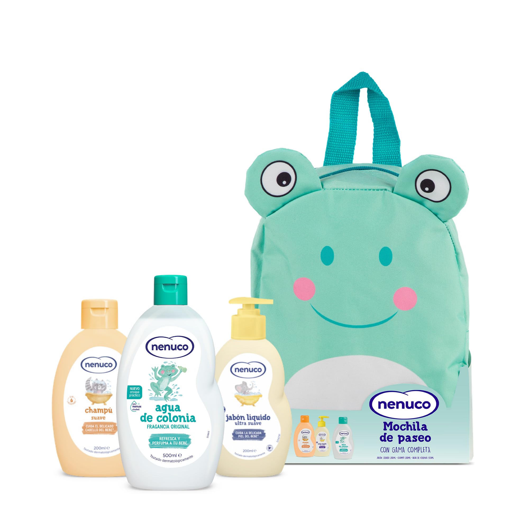 Nenuco Pack Bebé Mochila de Paseo Rana, con Gama Completa, Colonia, Jabón, y Champú, 3x200ml