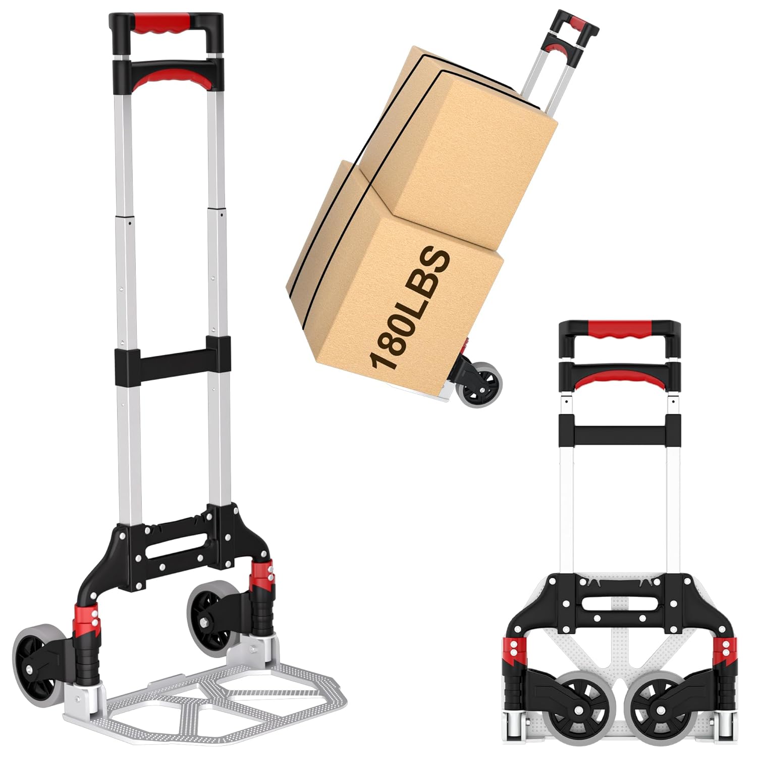 DIAMONDFORGE Folding Hand Truck, 180lbs Lightweight Foldable Dolly Cart with Wheels and Telescopic Handle, Portable Folding Dolly with Rubber Wheels for Moving Groceries, Home, Auto, Black Red