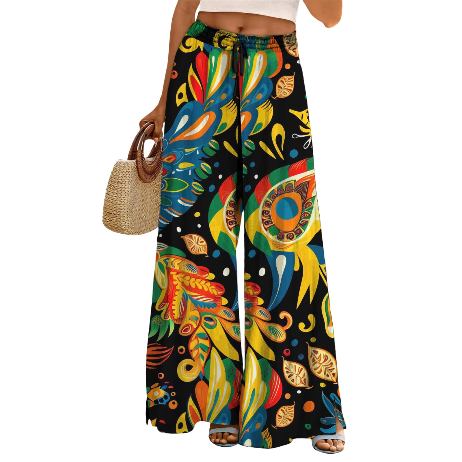 Women Casual Pants High Waist Wide Leg Summer Boho Floral Lounge Palazzo Pants Elastic Trousers