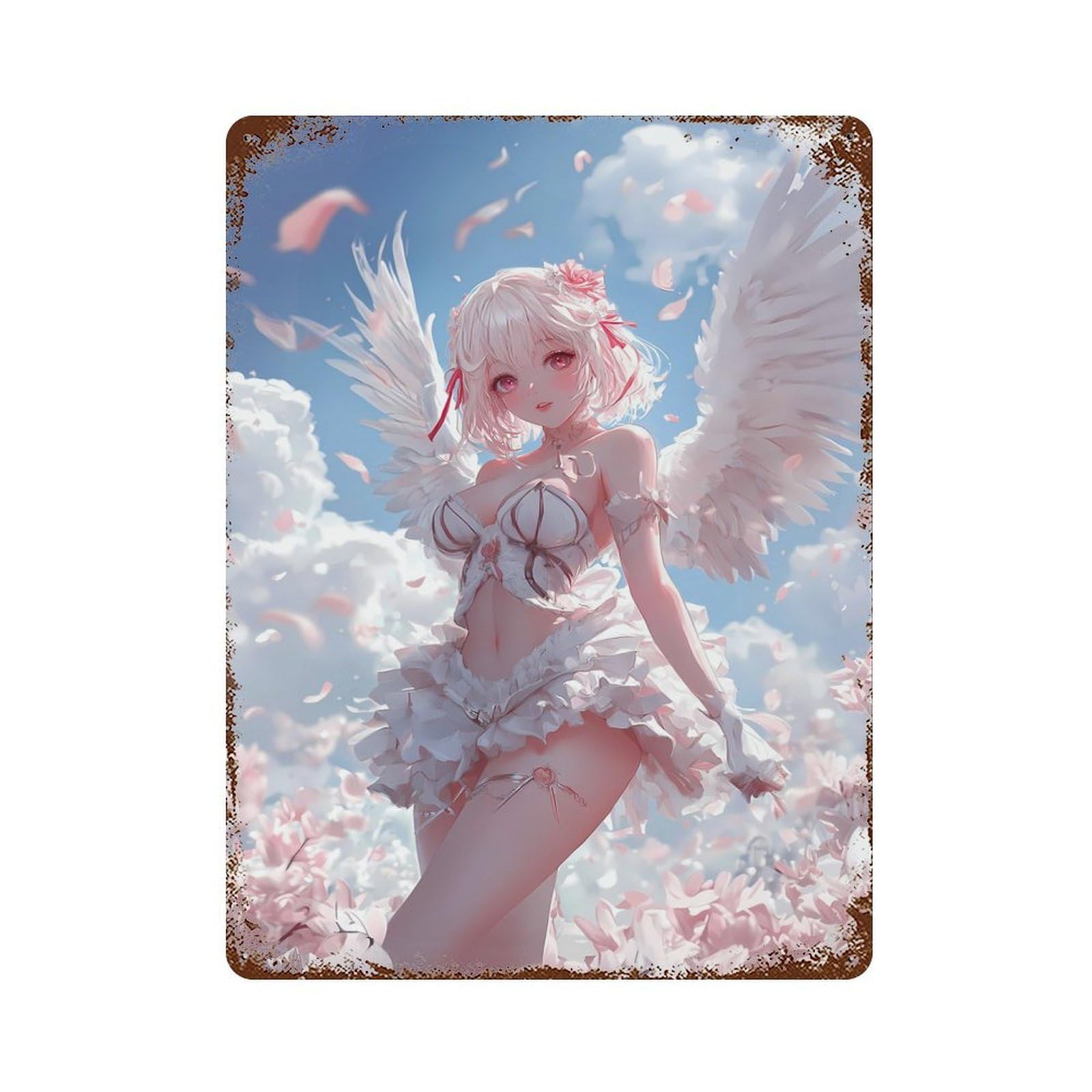Rust Effect Anime Angel Girl in Bloom Heaven Wings Rusty Metal Tin Sign 15.7"x11.8", Farmhouse Wall Decor for Shed, Workshop And Garage Wall Decor