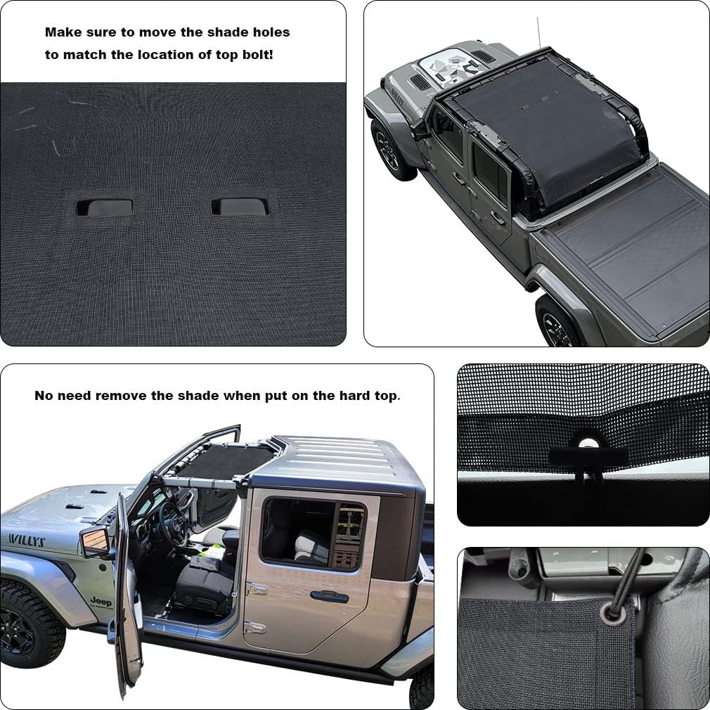 Shadeidea JT Sun Shade Top Sunshade Compatible with Jeep Gladiator Top Shade Mesh Screen Roof Cover (2018-2023)- Wind Noise UV Blocker with GrabBag Pouch -10 Year Warranty- Black -Front&Rear&Back