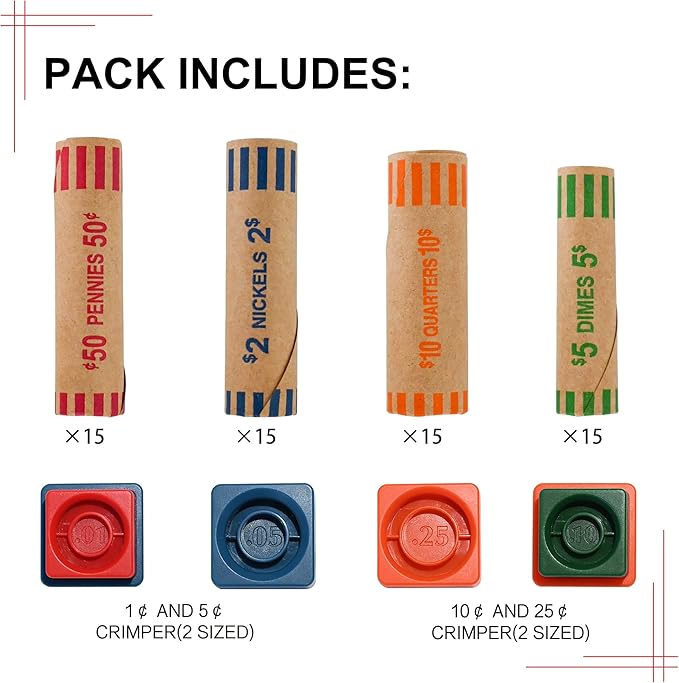60 envases para rollos de monedas con herramienta de crimpado miniatura 3