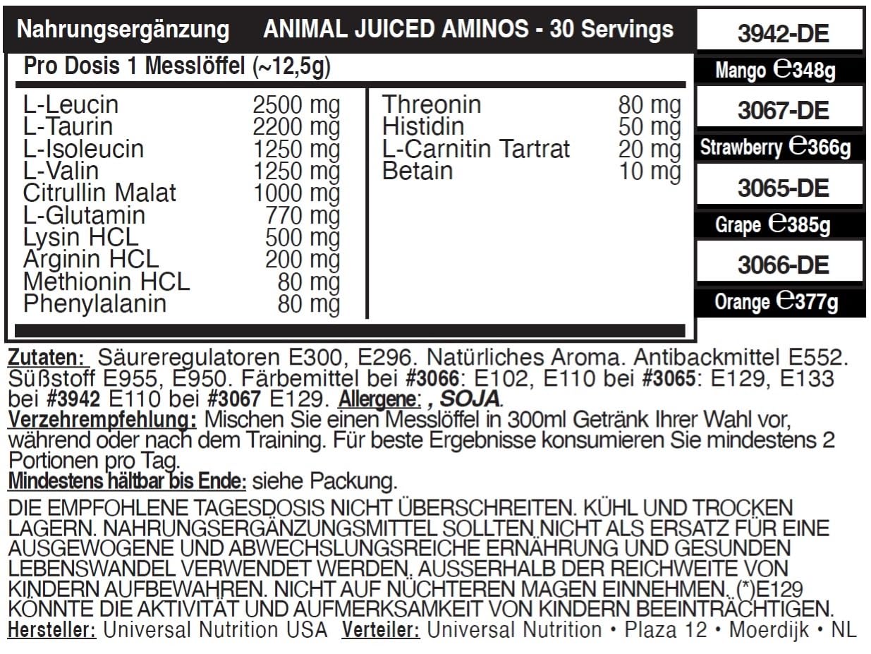 ANIMAL Juiced Aminos Strawberry Limeade – EAA & BCAA Pulver für Muskelregeneration & Erholung – Koffeinfreies Aminosäuren Supplement für Fitness, Bodybuilding & intensives Training, 378 g