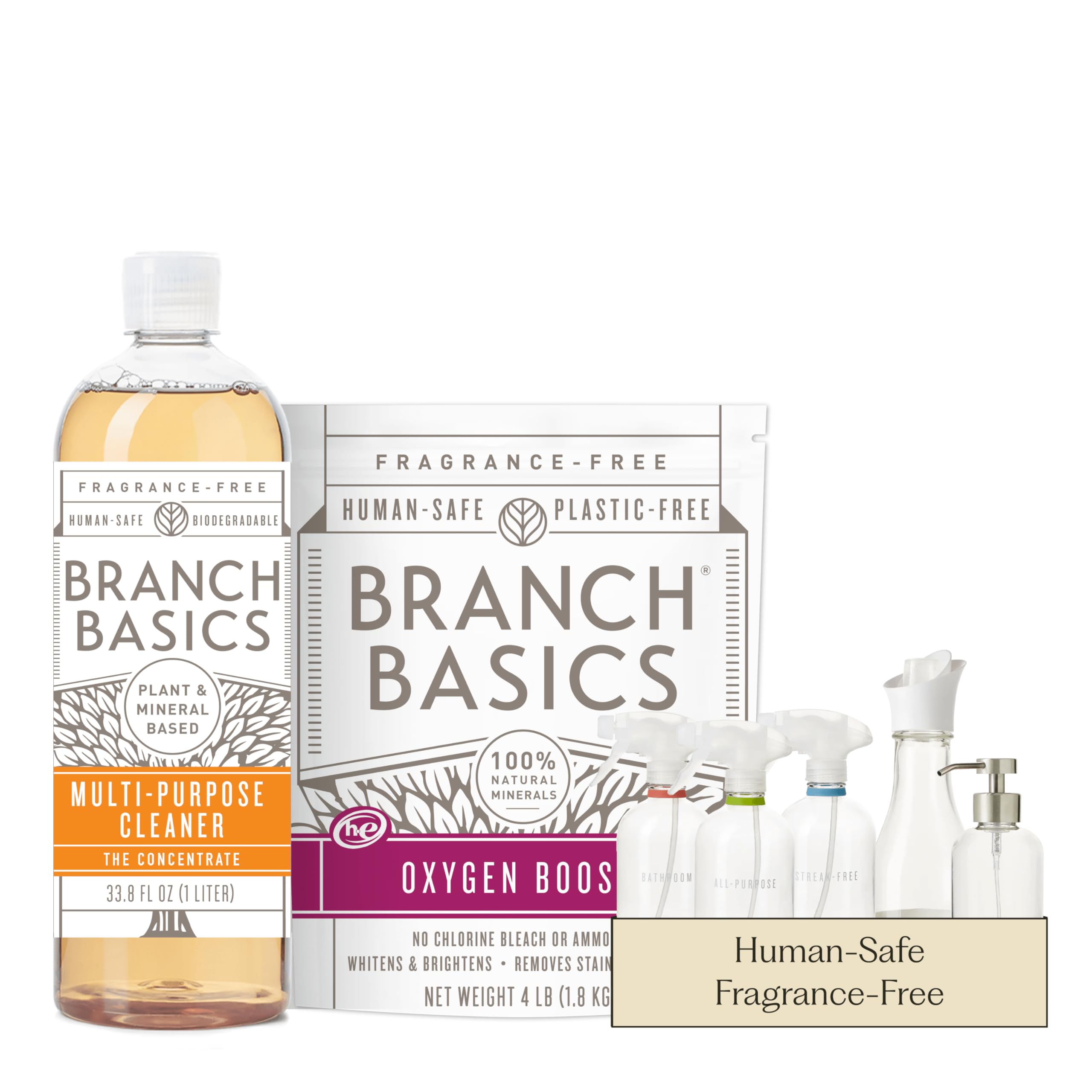 Premium Starter Kit in Glass: All Purpose Cleaner, Glass Cleaner, Bathroom Cleaner, Wash Bottle, and Laundry Bottle (3 Glass Spray Bottles + Concentrate) Fragrance-Free