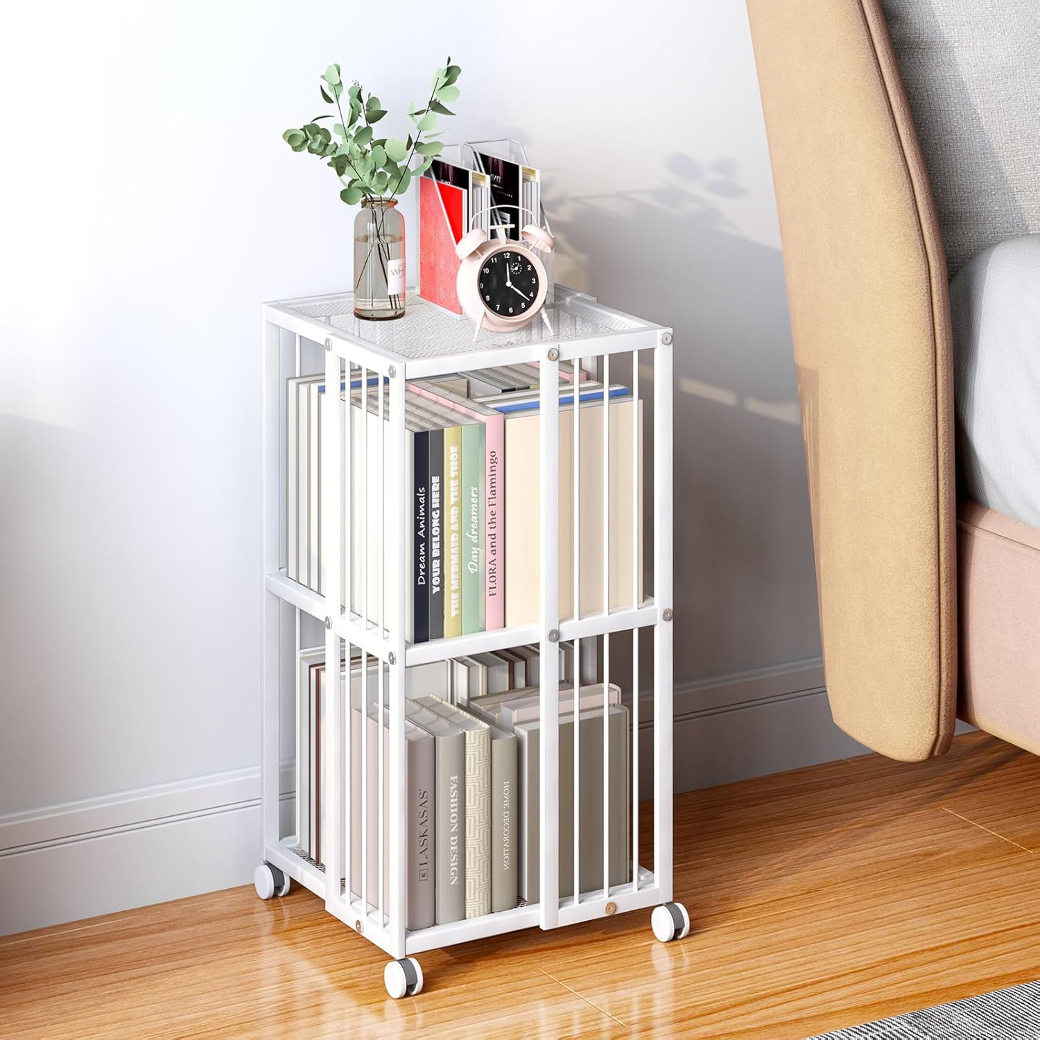 Huhote Rotating Bookcase White 2 Tiers Metal Bookshelf, 360°Cubic Bookshelf for Small Space with Storage and Creative Multi-Layer Shelves,Magazine&Books for Bedroom Living Room Study and Office