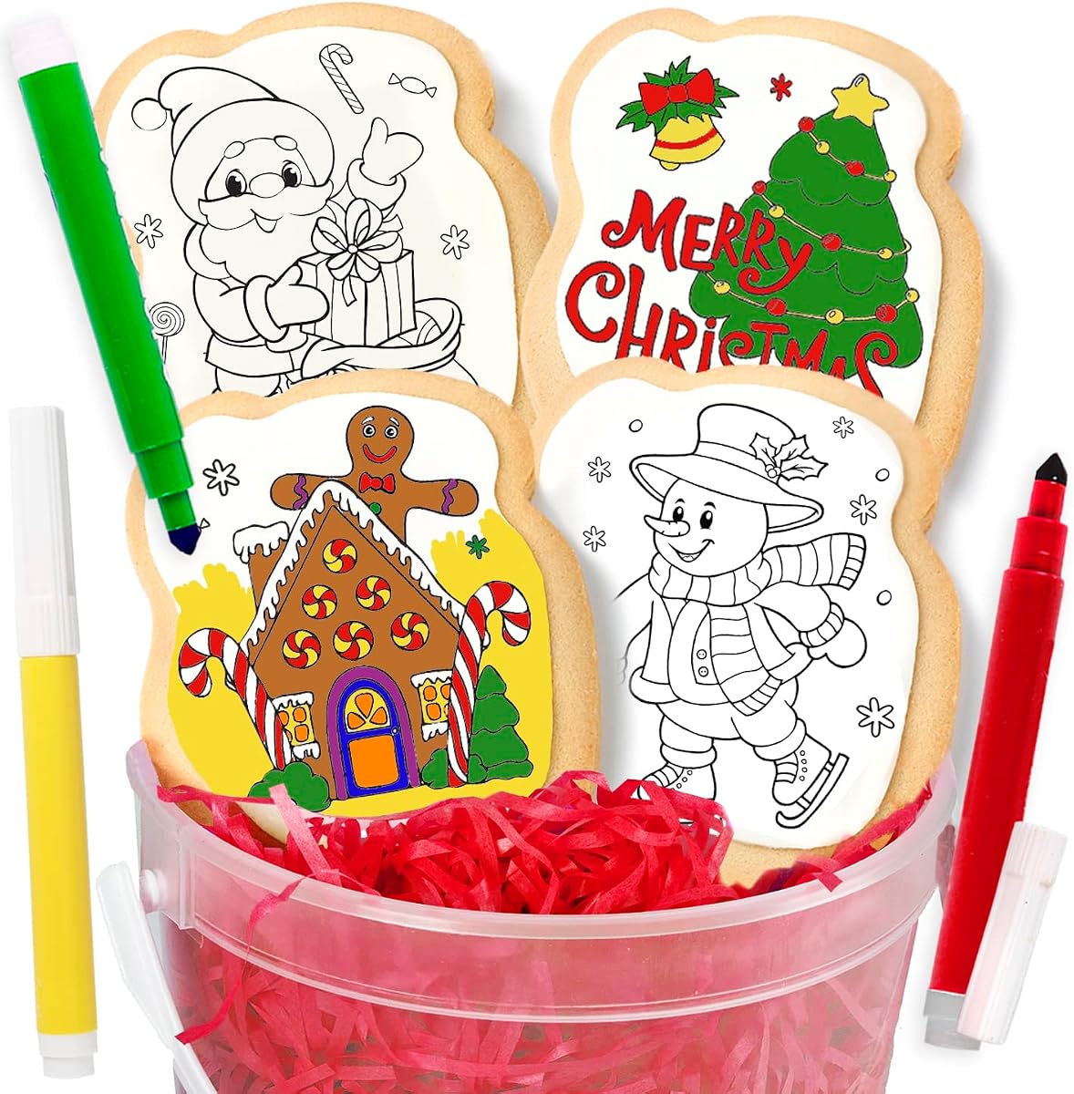 Christmas Cookie Decorating Kit Gift For Kids | 4 Jumbo Cookies + 3 Edible Markers | Holiday Coloring Activity