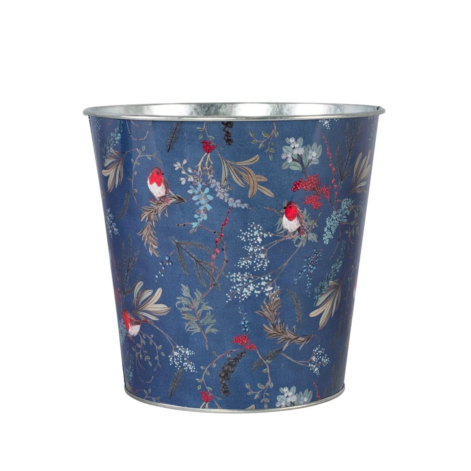Fyne-Finds Tin Pail Plant Pot Robin Floral Design 16cm,6inch Christmas Metal Planter Xmas Bucket Home (Blue 1 Piece)