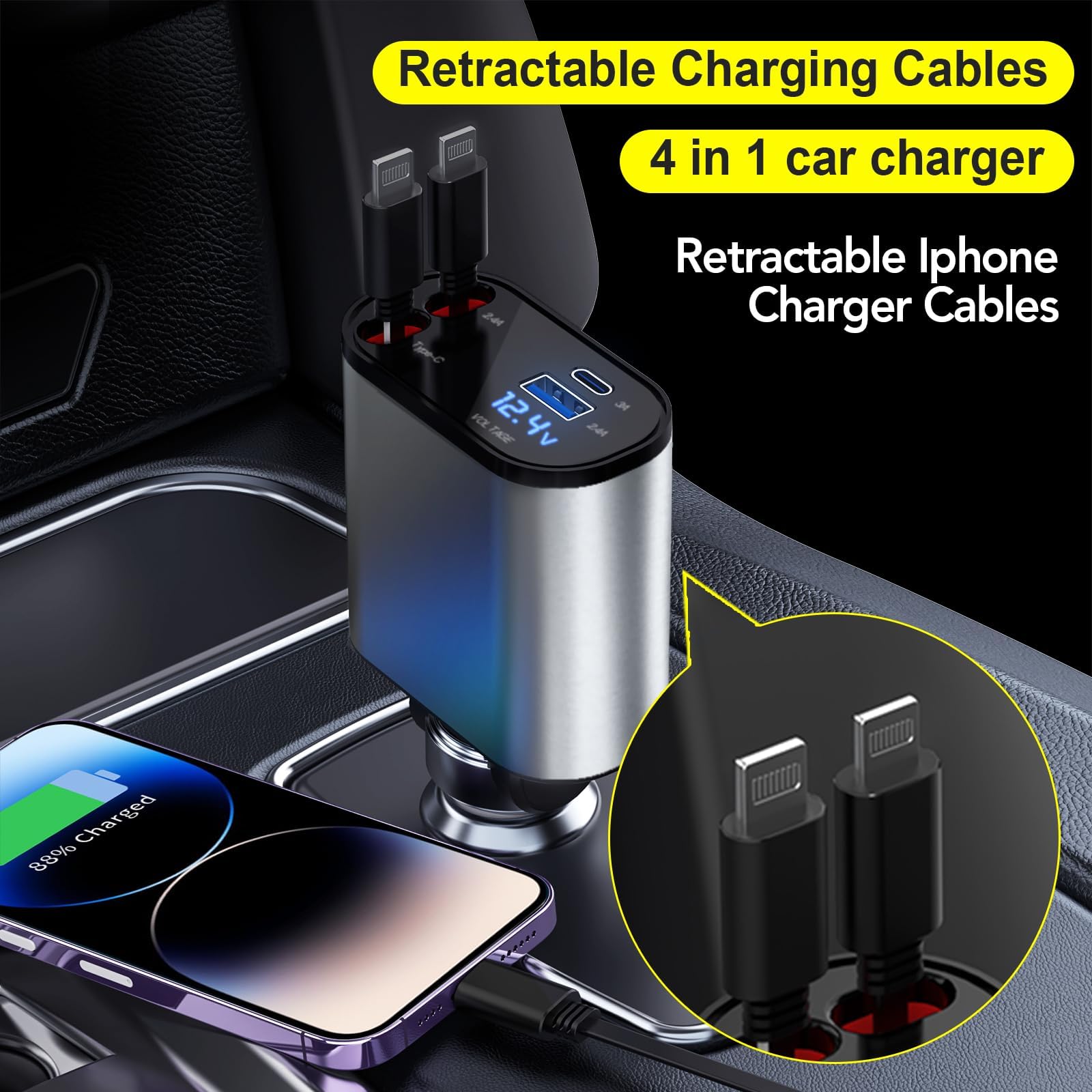 Cargador de coche retráctil, cargador de coche 4 en 1 de 60 W, cables retráctiles (2.6 pies) y adaptador de 2 puertos USB, compatible con iPhone 16/15/14/13/12/11 (los 2 puertos USB de iluminación)