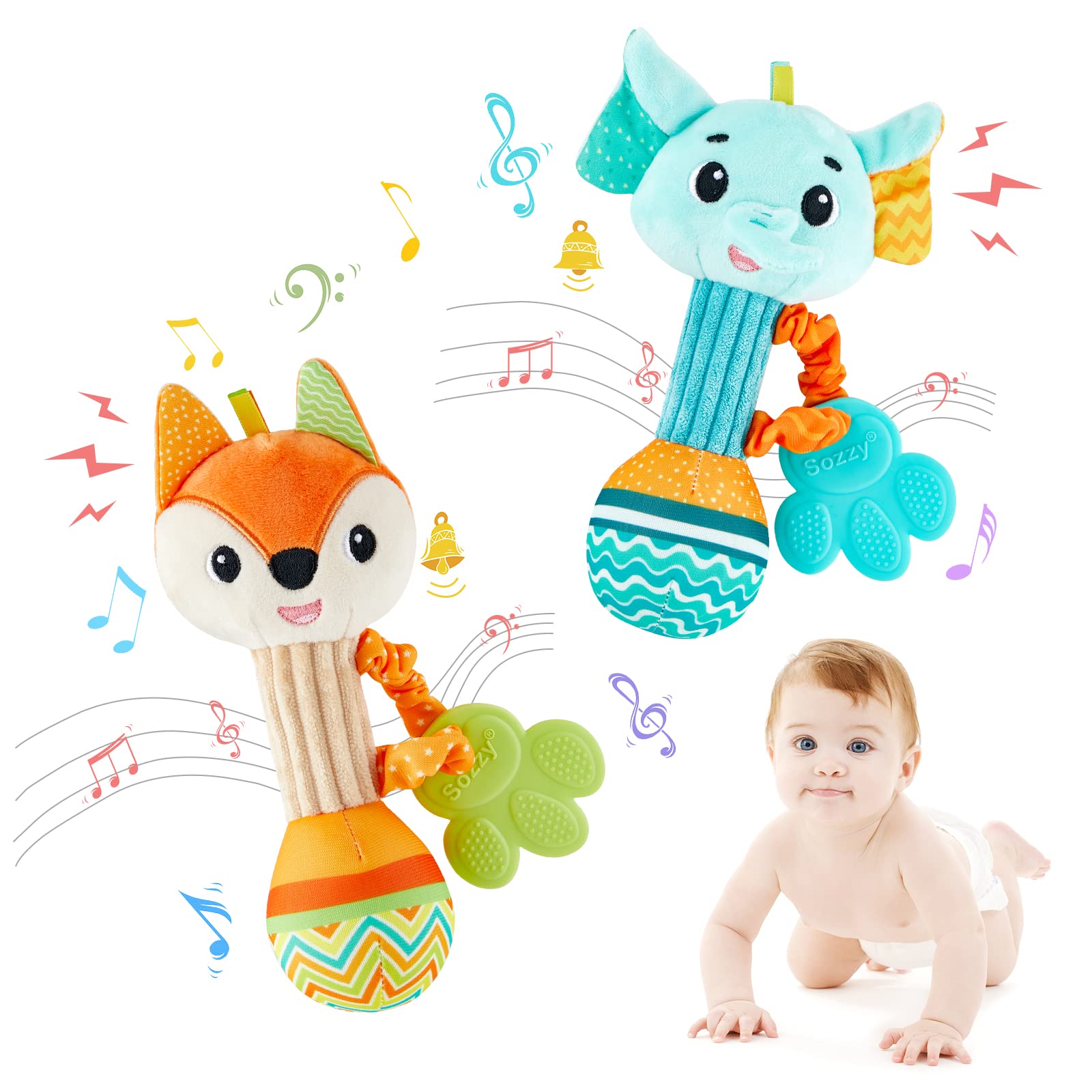 Baby Rattles 0-6 Months，Baby Soft Rattles Shaker，Hand Grab Sensory Shaker,Teething Toys for Babies 6-12 months，Sensory Plush Animal Toys For 0 3 6 9