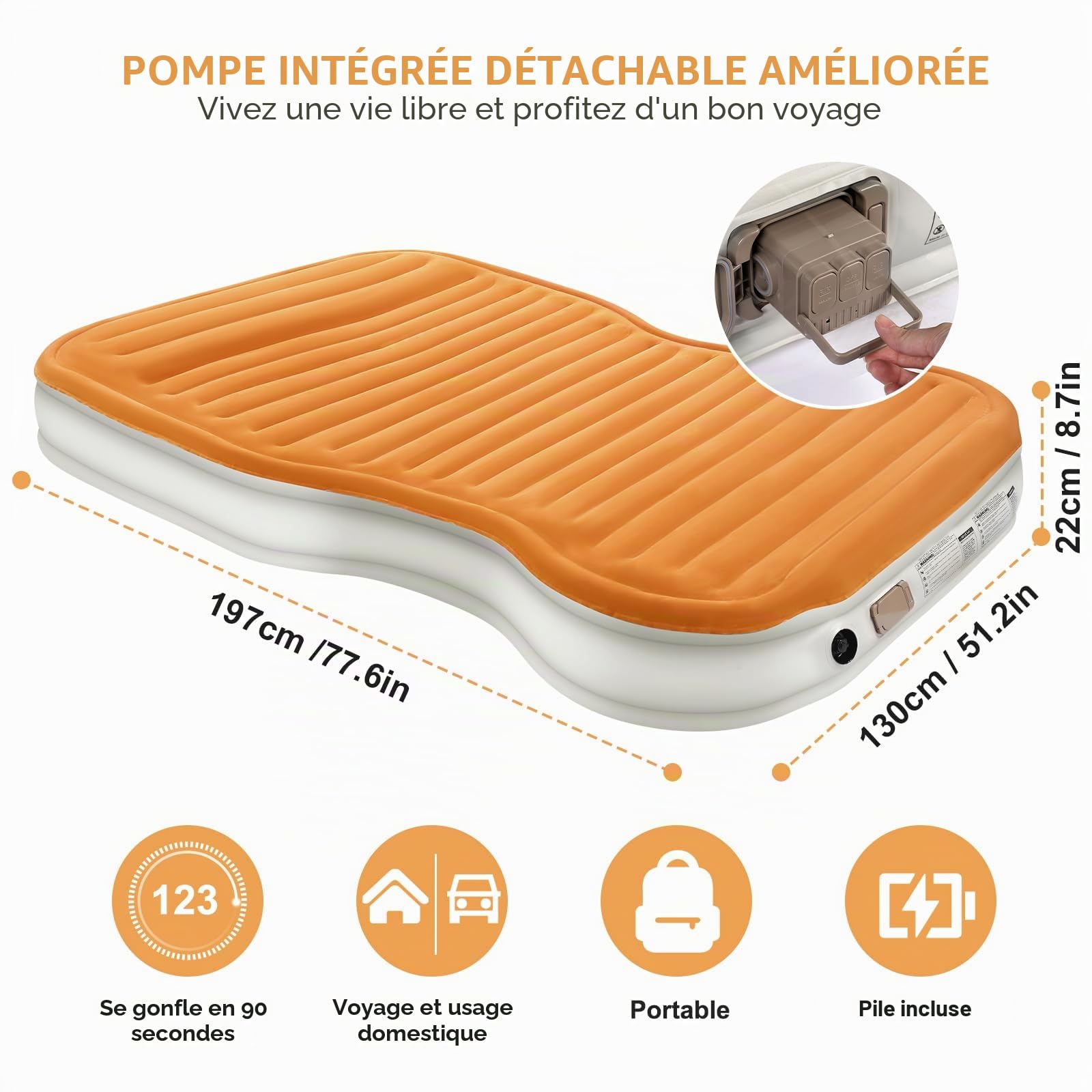 KMZ Matelas gonflable épais pour SUV avec pompe intégrée et 2 oreillers pour SUV