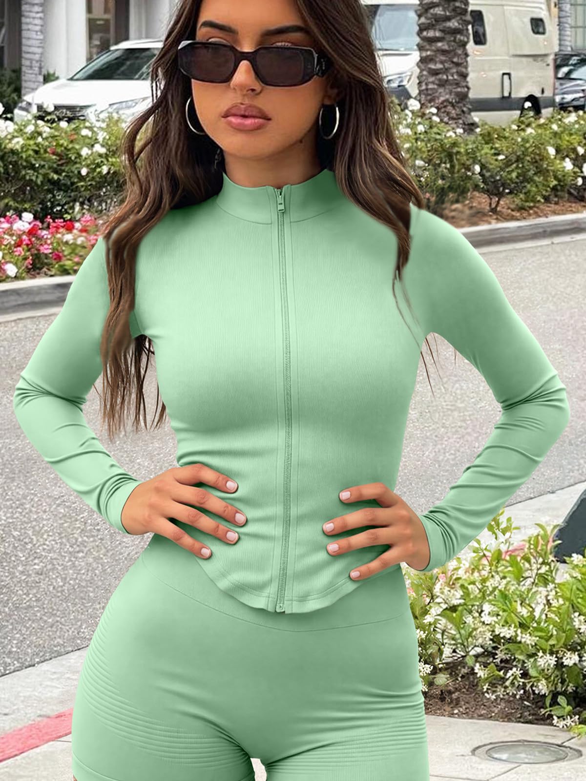 Chaqueta de entrenamiento para mujer, camiseta deportiva de manga larga con cremallera y diseño de agujero para el pulgar, ajuste delgado, atlética para gimnasio y yoga — view 17