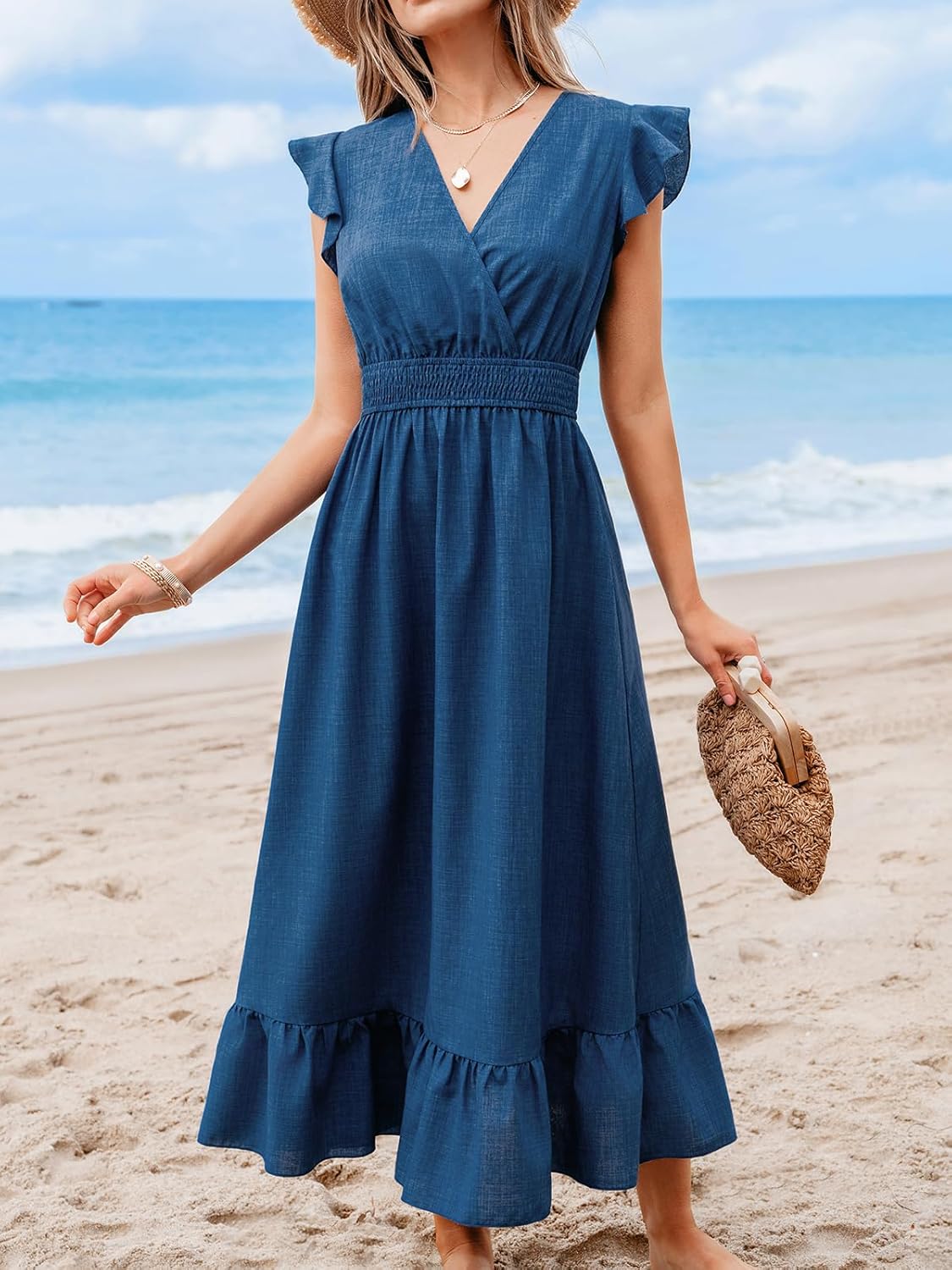 CUPSHE Women's Summer Casual Maxi Dress V Neck Short Flutter Sleeve Ruffled Flowy Long Dresses - Image 4