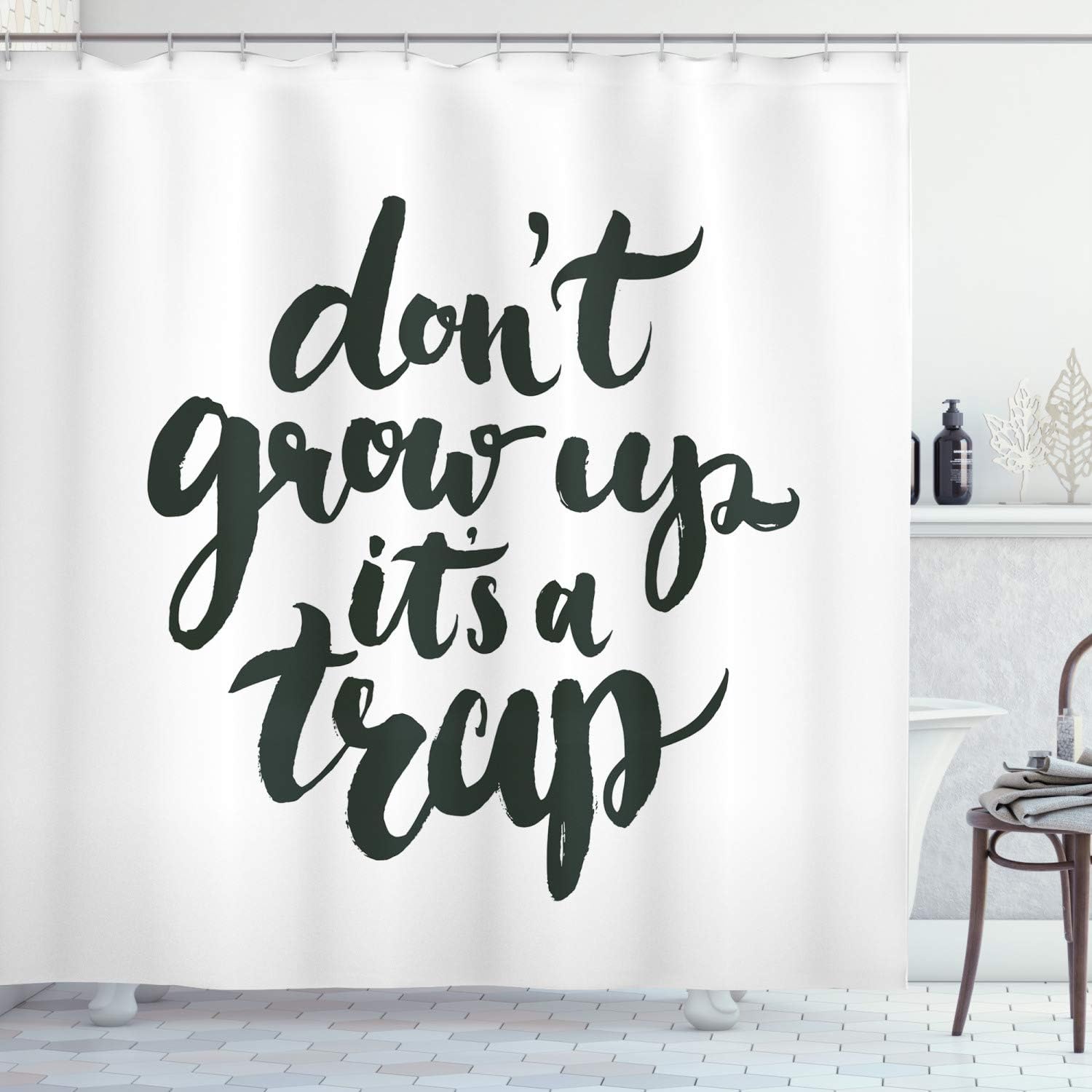 Ambesonne Saying Shower Curtain, Funny Saying Do Not Grow up It is a Trap Hand Written Style Composition, Cloth Fabric Bathroom Decor Set with Hooks, 69" W x 70" L, Grey and White