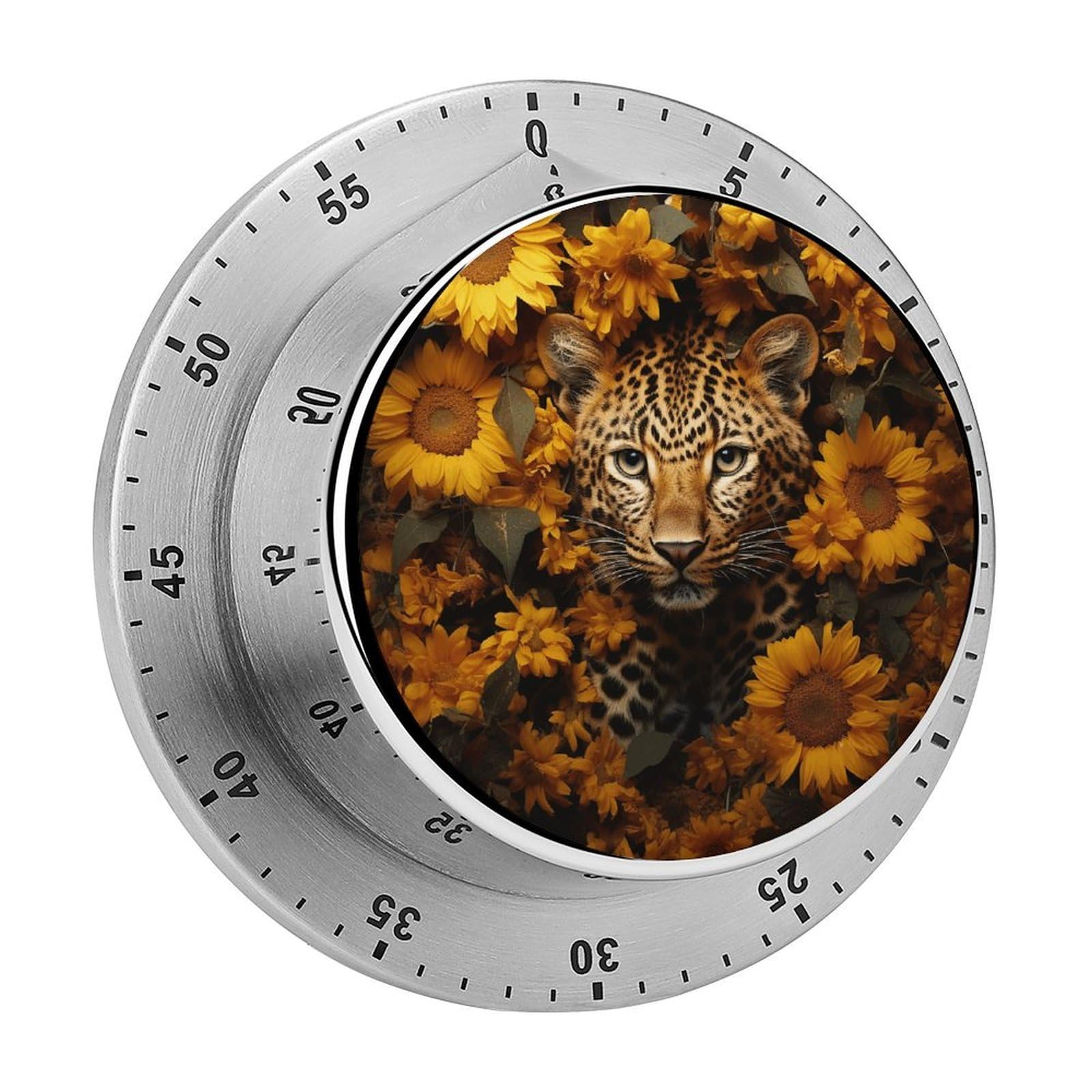 Leopard and Sunflower Kitchen Timers for Cooking Chef Stainless Steel Timer Clock with Loud Alarm Mechanical 60 Minute Wind Up Timers No Batteries Required Manual Countdown Timer