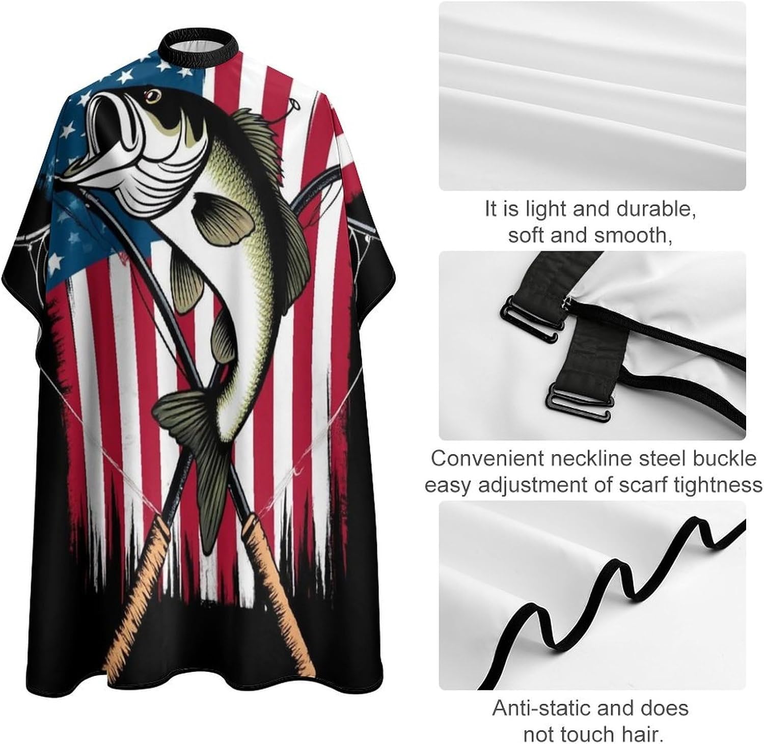 Men's Professional Hair Cutting Cape with Adjustable Closure Barber Cape Vintage Bass Fishing Lure American Flag
