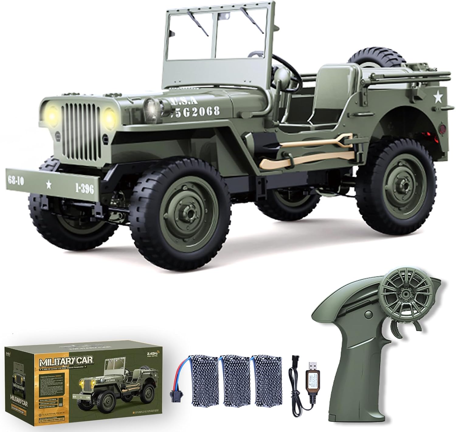 RC Crawlers, 1:10 Scale D888 Willys Military Jeep, 2.4Ghz 4WD Off Road Rock Crawler Vehicle with Lights All Terrain Electric RC Jeep Toy for Adult Teens