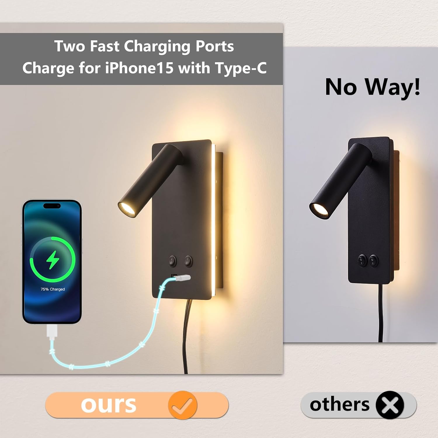 LED Wall Mounted Reading Lights for Books in Bed, Plug in Wall Sconce with USB C+A Ports & 3 Brightness Dimmable, Black Wall Lamps for Bedroom, Headboard Bedside Lamp with 9W+3W Night Light (2 Pack)