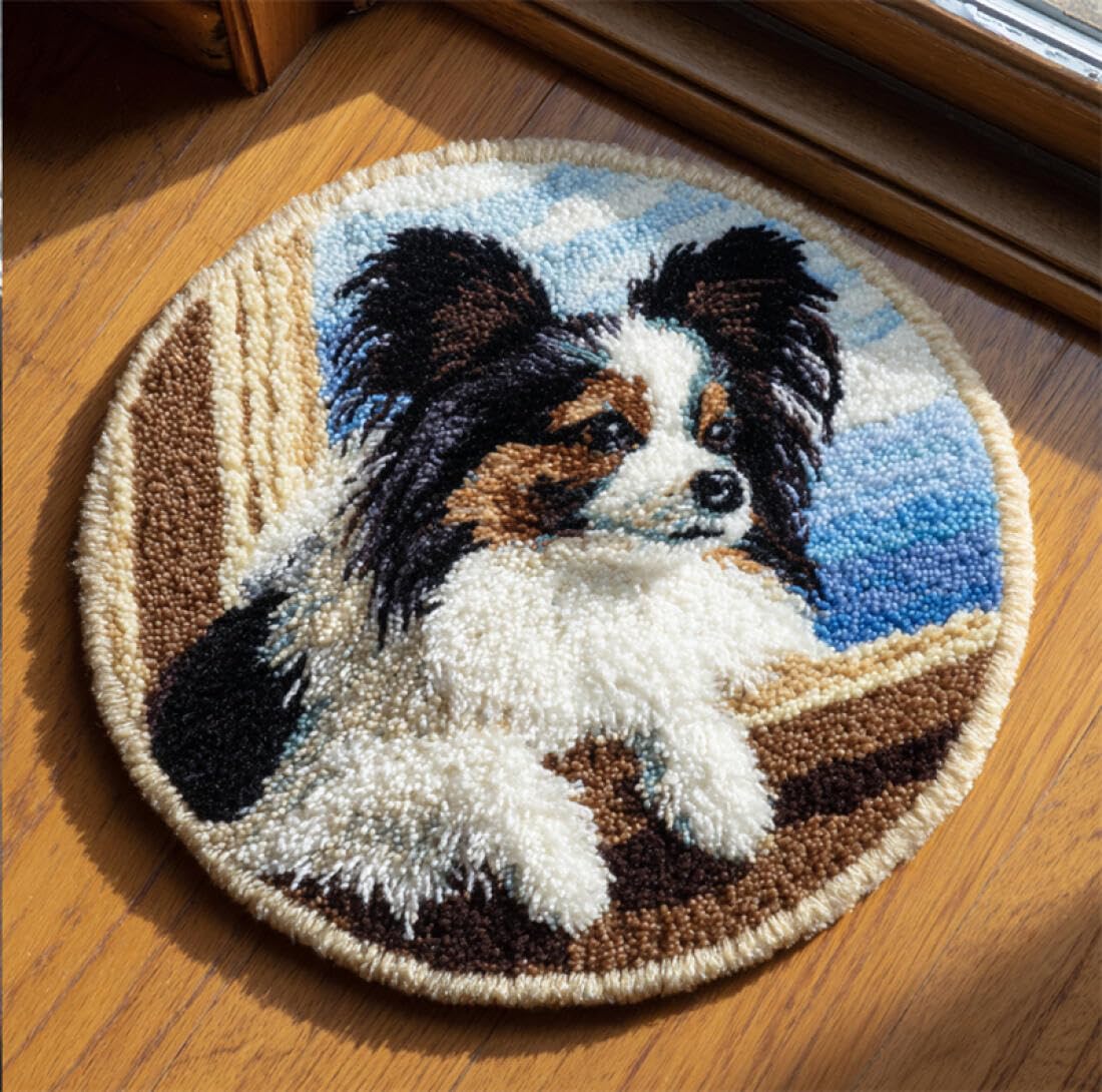 Rqwybcaxn DIY Rug Latch Hook Kits for Beginners Animal Cross Stitch Kit Cartoon Papillon 60x60cm Round Tapestry with Crochet Hook Bedroom Craft Gift