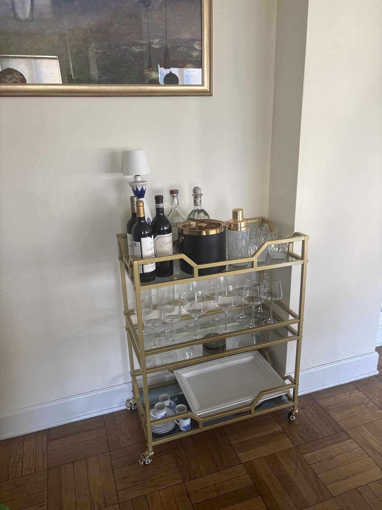 LORMITER Square Gold Bar Cart with smoked mirrored glass shelves