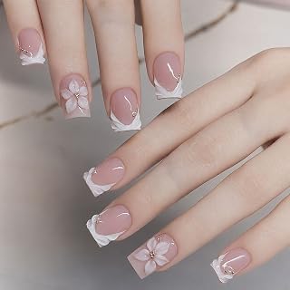 Kurze Press-on-Nägel (Eckig) – Weiße French-Nägel mit Blumendesign – Aufklebbare Kunstnägel für den Frühling und Sommer – Für Damen (24 Stück)