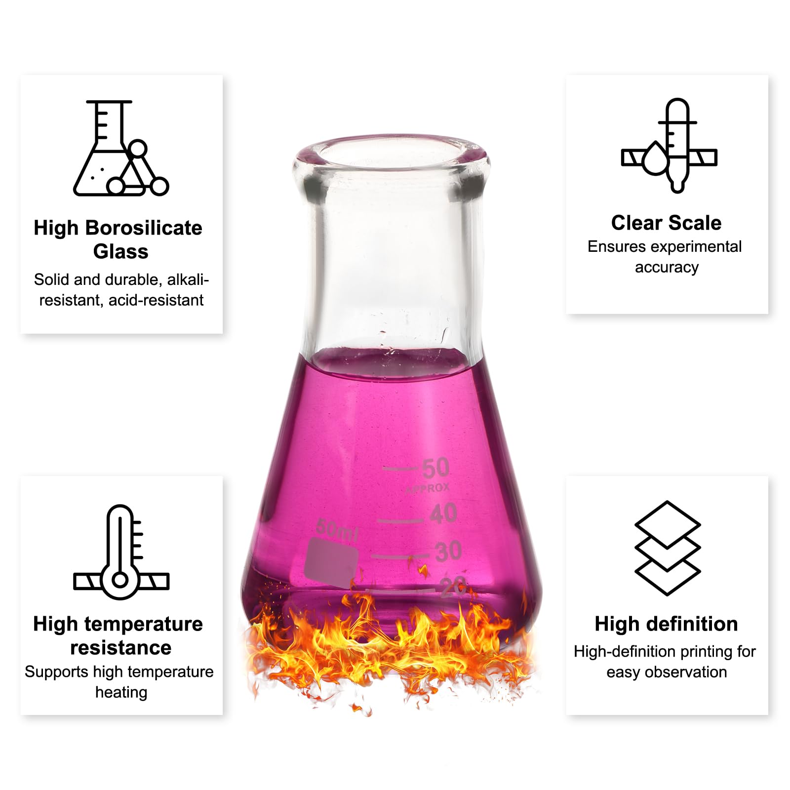 PATIKIL Erlenmeyerkolben 8Stk 50ml 2oz Schmalhals Messkolben Borosilicatglas Mit Aufgedruckter Skala Für Laborversuche Chemie Wissenschaft Studium