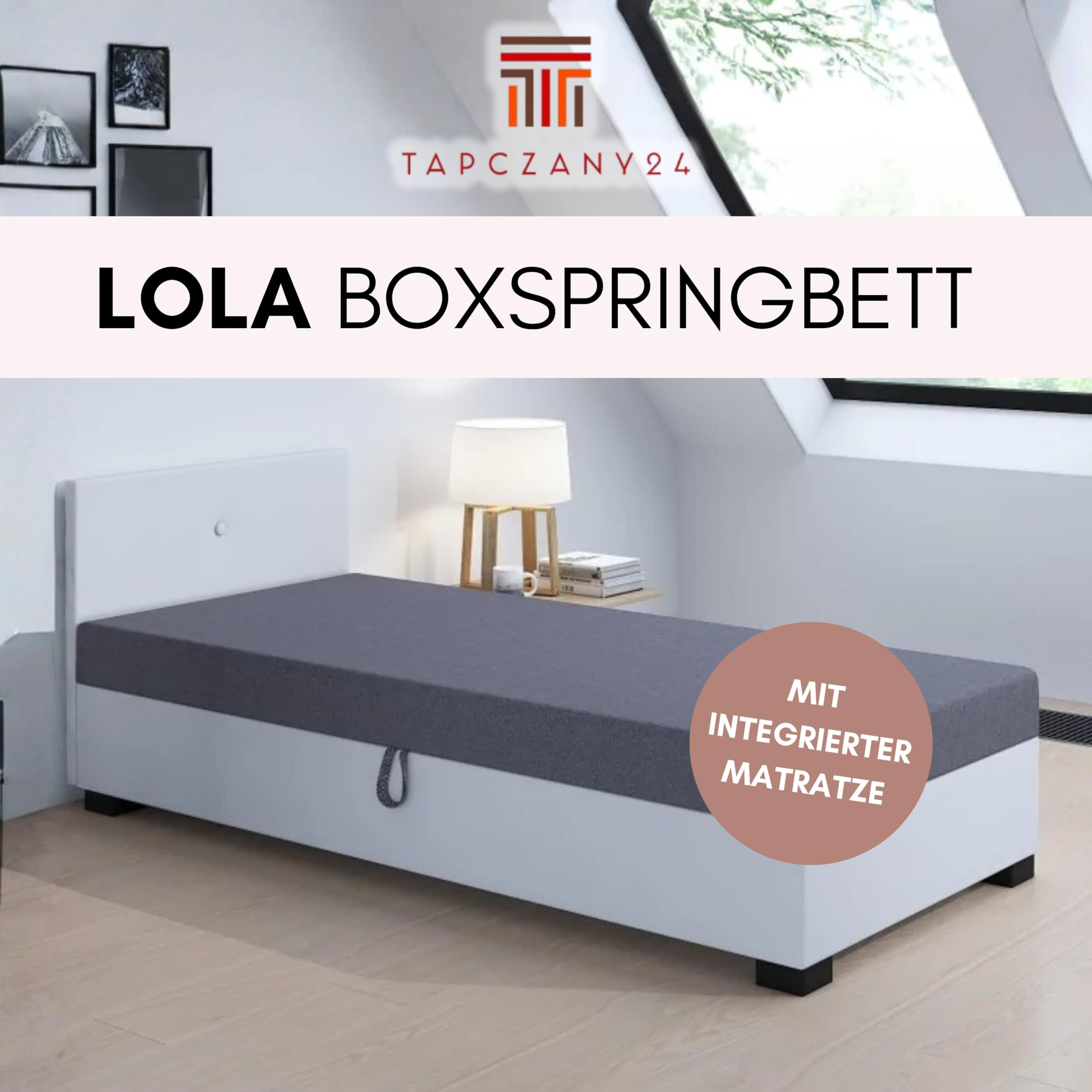 Boxspringbett Lola 80x200x38 cm mit Schaumstoff Matratze, Bett mit Matratze, Polsterbett mit Bettkasten, Gepolstertes Einzel Bett, Schlafsofa - Weiß mit Grau