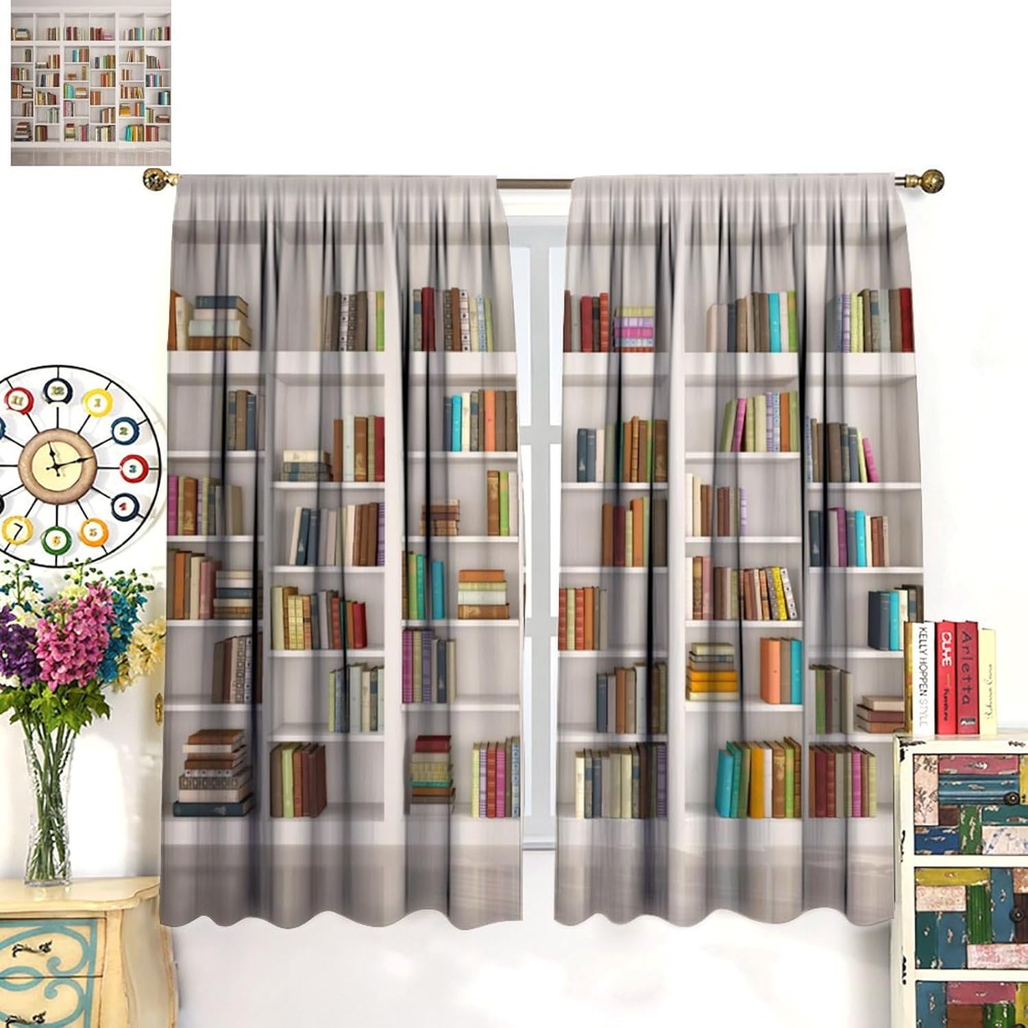 Bookshelf Curtains Bookcase Wooden Antique House Hippie Art Wall Rod Pocket Blackout Window Drapes for Bedroom Living Room Kitchen Cafe Decor （W21xL45 Inch） x2 Panels