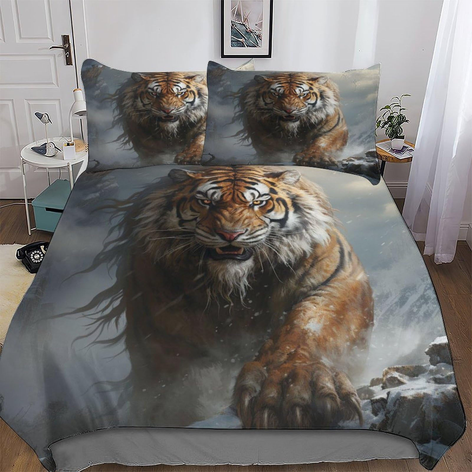 Housse de couette tigre 220x240 cm avec taies en microfibre pour lit double