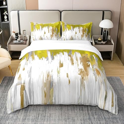 Erosebridal Juego de funda de edredón de algodón 100 % natural con diseño de rayas verdes y pinceladas, funda de edredón contemporánea degradada,
