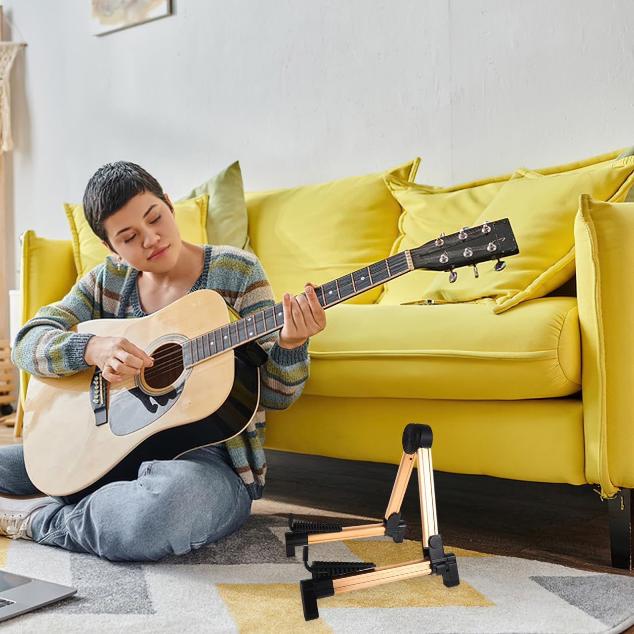 Supporto Pieghevole per Chitarra da Terra in Acciaio Inox | Ukulele e Basso, Argento, Uso Casa e Scuola, Facile da Usare, Supporto Stabile Multifunzione