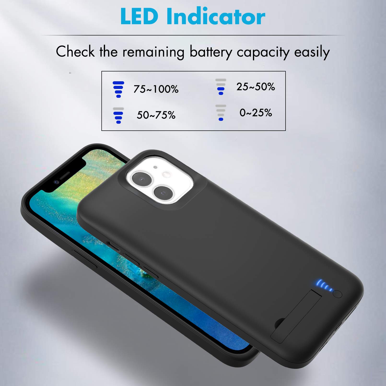 Cover Batteria per iPhone 12 Mini/13 Mini (5.4"), 8500mAh Custodia Batteria Protettiva a 360° con Supporto, Powerbank Ricaricabile ed Espandibile & Film Temperato