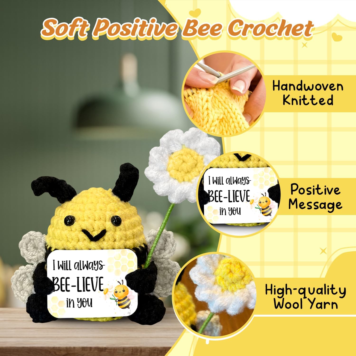 Funny Bee Crochet, Cute Positive Crochet with Encouragement Cards, Inspirational Gift Ideas for Women, Friends, Christmas and Birthday Gifts, Small Gifts for Coworkers Bee Decor - Image 3