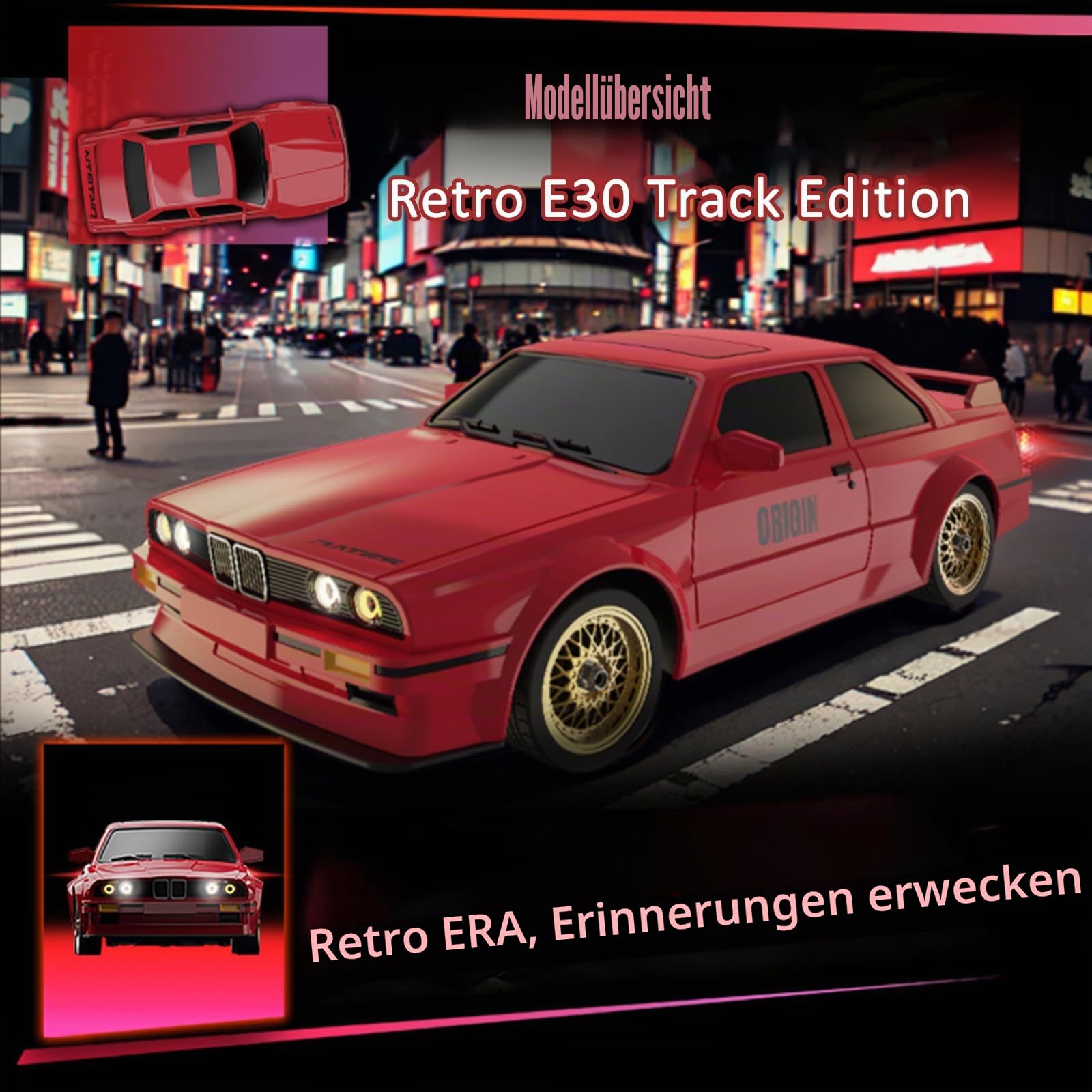 Drift Auto, 30 km/h RC Drift Car 1:16 2,4 GHz Ferngesteuertes Auto 4WD RC Auto Drift Car mit LED Licht, 4 Rennen und Drift-Rädern, Cooler Roter Retro Stil