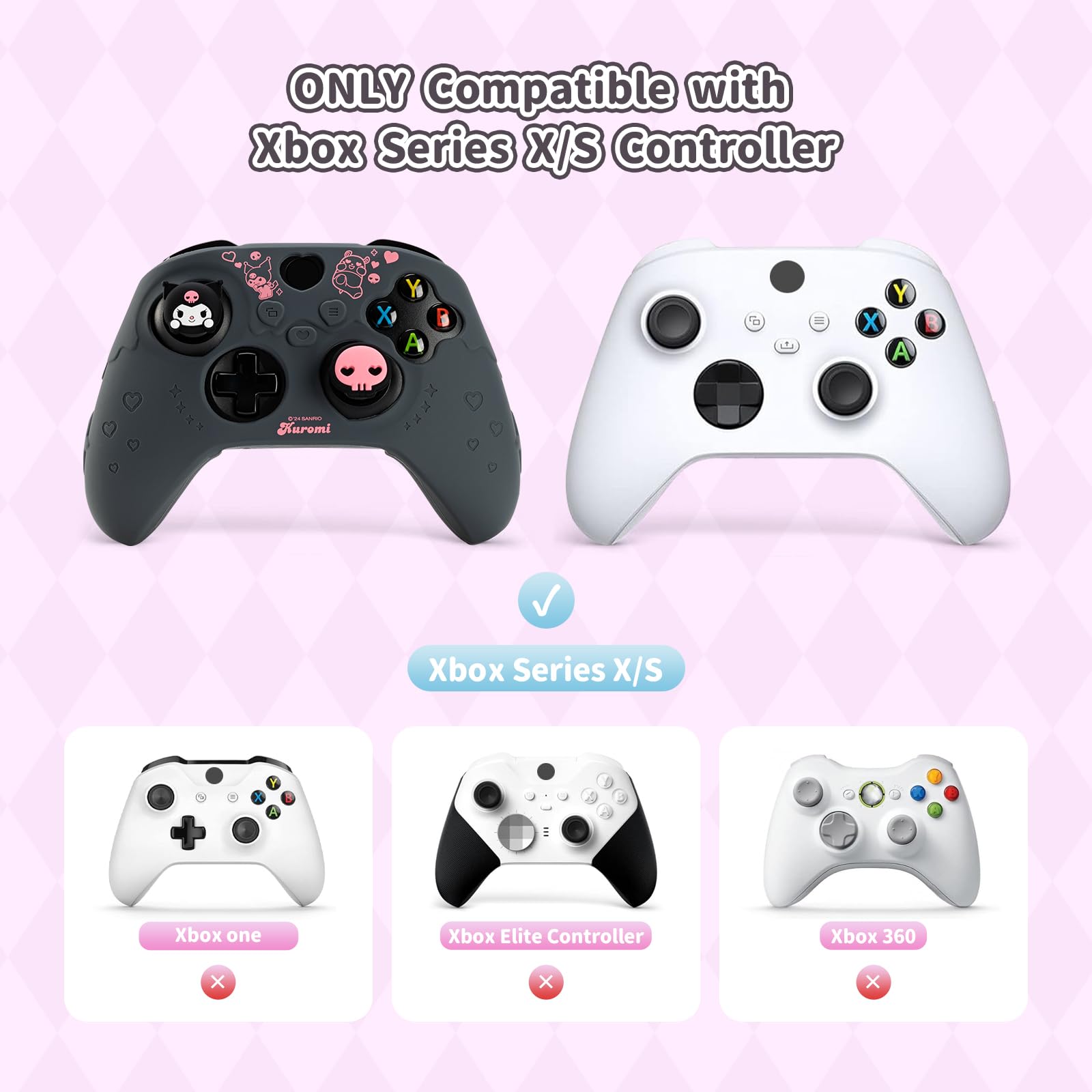 Kuitmor Cover per controller Xbox Series X/S, in morbido silicone antiscivolo, custodia protettiva compatibile con controller Xbox, con 2 tappi per impugnatura per pollice e 1 adesivo (nero Kuromi)