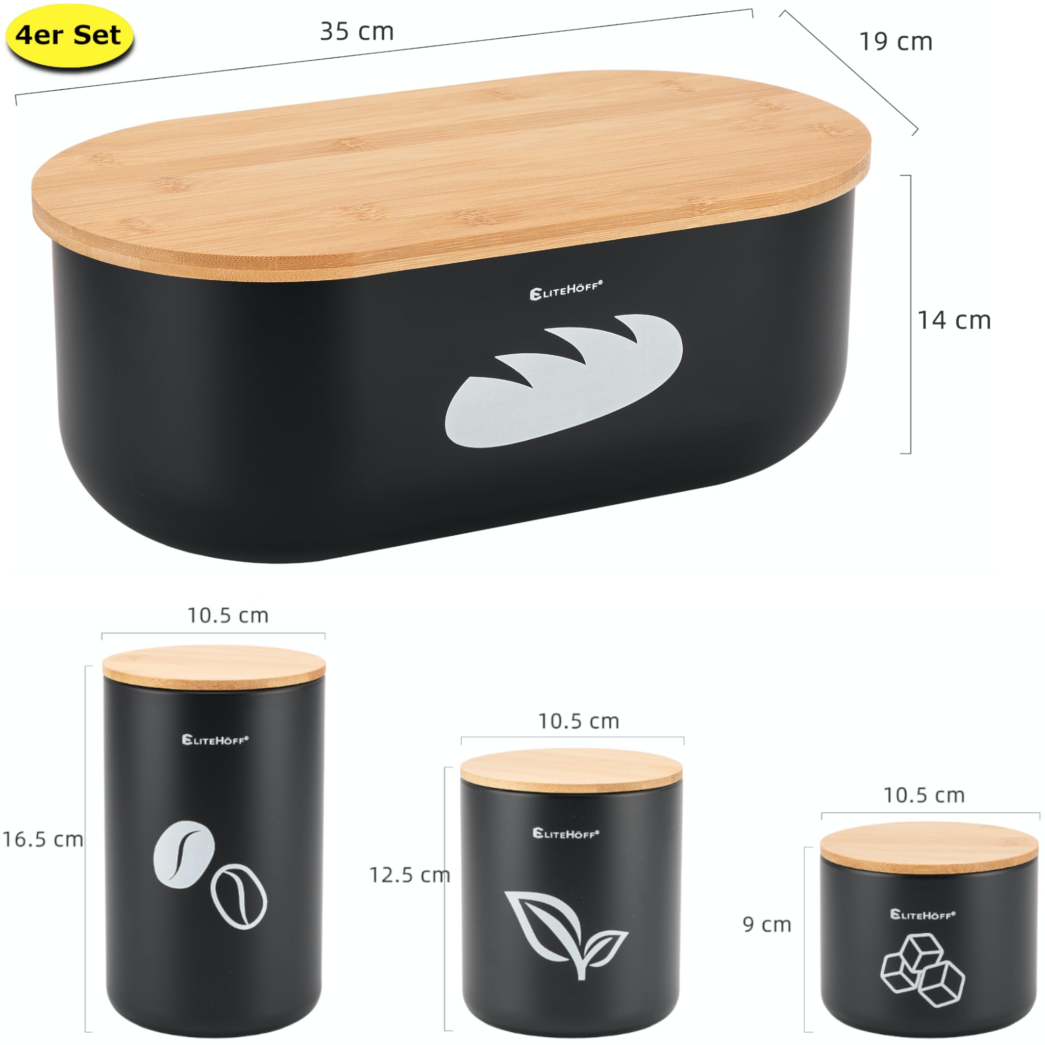 EliteHoff Brotkasten mit Schneidebrett + Vorratsdosen 3er Set (Kaffeedose Teedose Zuckerdose) oder Brotbox mit Butterdose | Brotkorb Metall Schwarz mit Bambusdeckel - 35x19x14cm (4er Set)